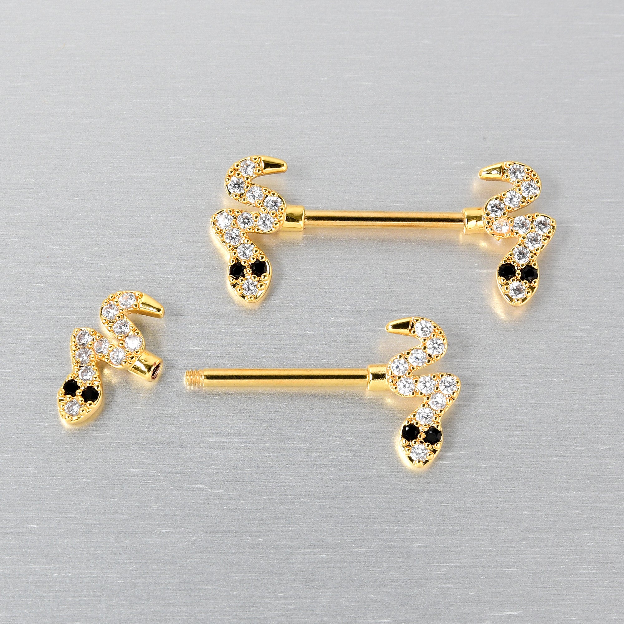 14G 9/16 Clear Black CZ Gem Gold Tone Sexy Snakes Nipple Ring Set