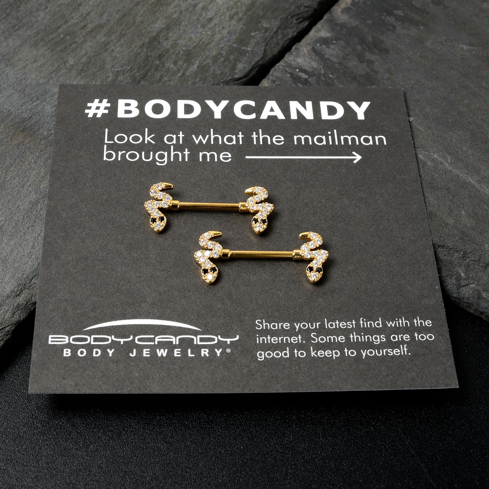 14G 9/16 Clear Black CZ Gem Gold Tone Sexy Snakes Nipple Ring Set