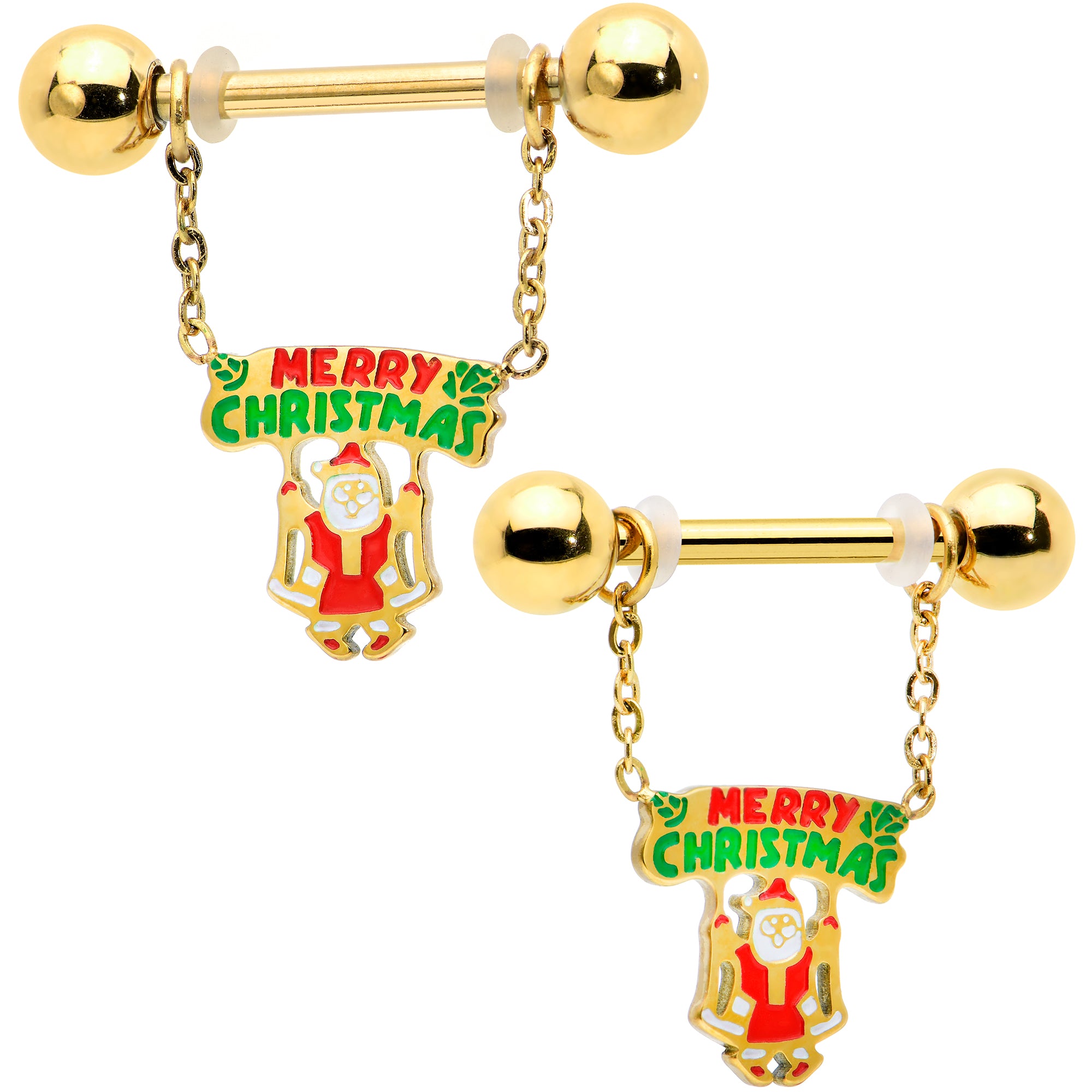 14G 9/16 Gold Tone Santa Merry Christmas Dangle Nipple Ring Set