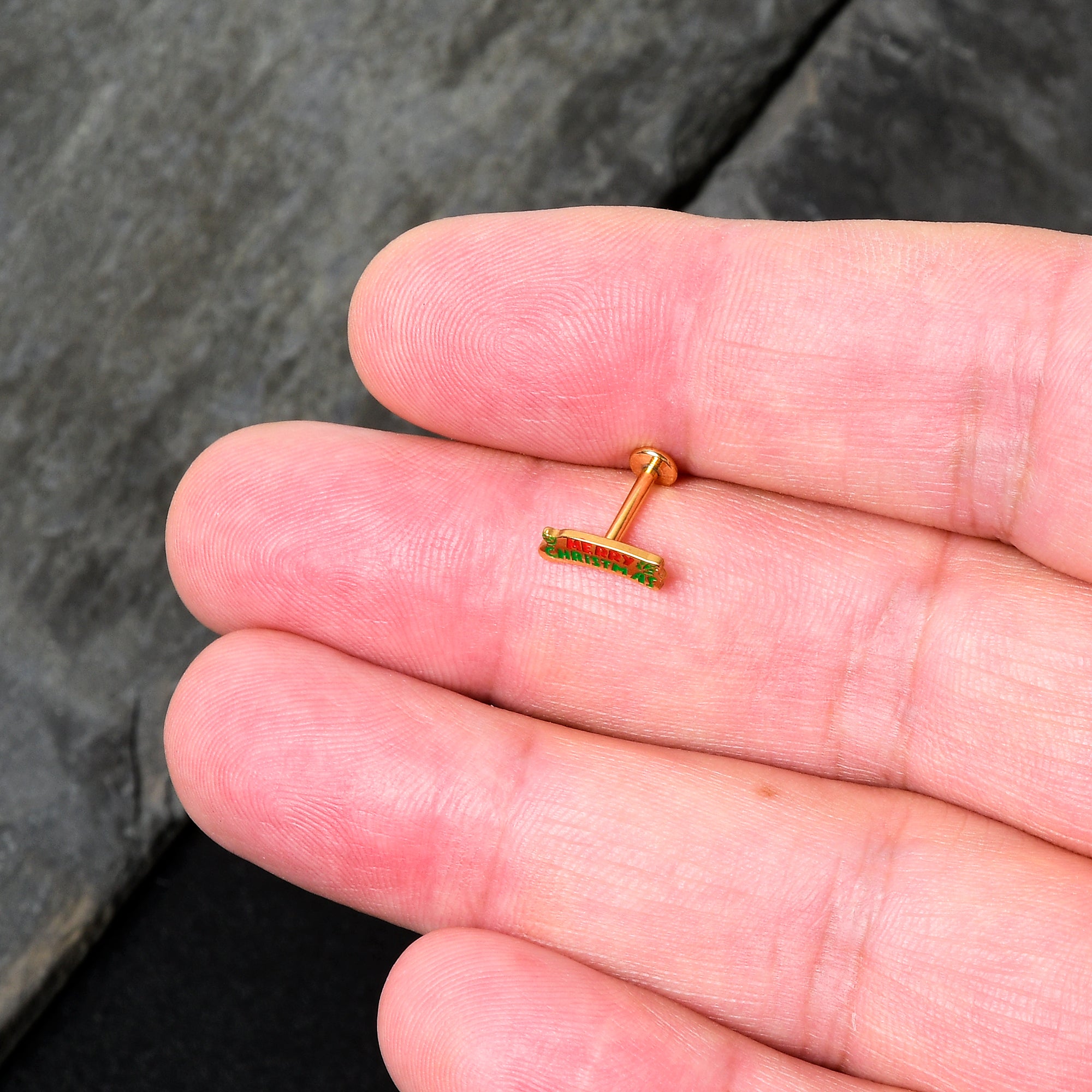 16G 5/16 Gold Tone Merry Christmas Inlaid Labret Monroe Tragus