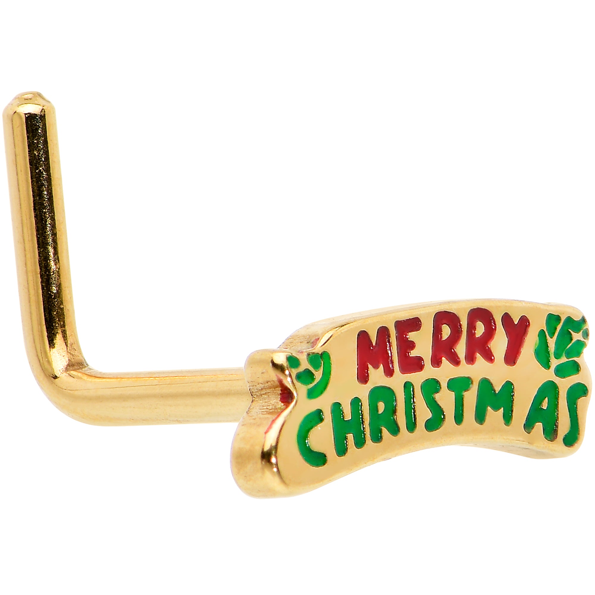 20G 7mm Gold Tone Merry Christmas Inlaid L Shape Nose Ring