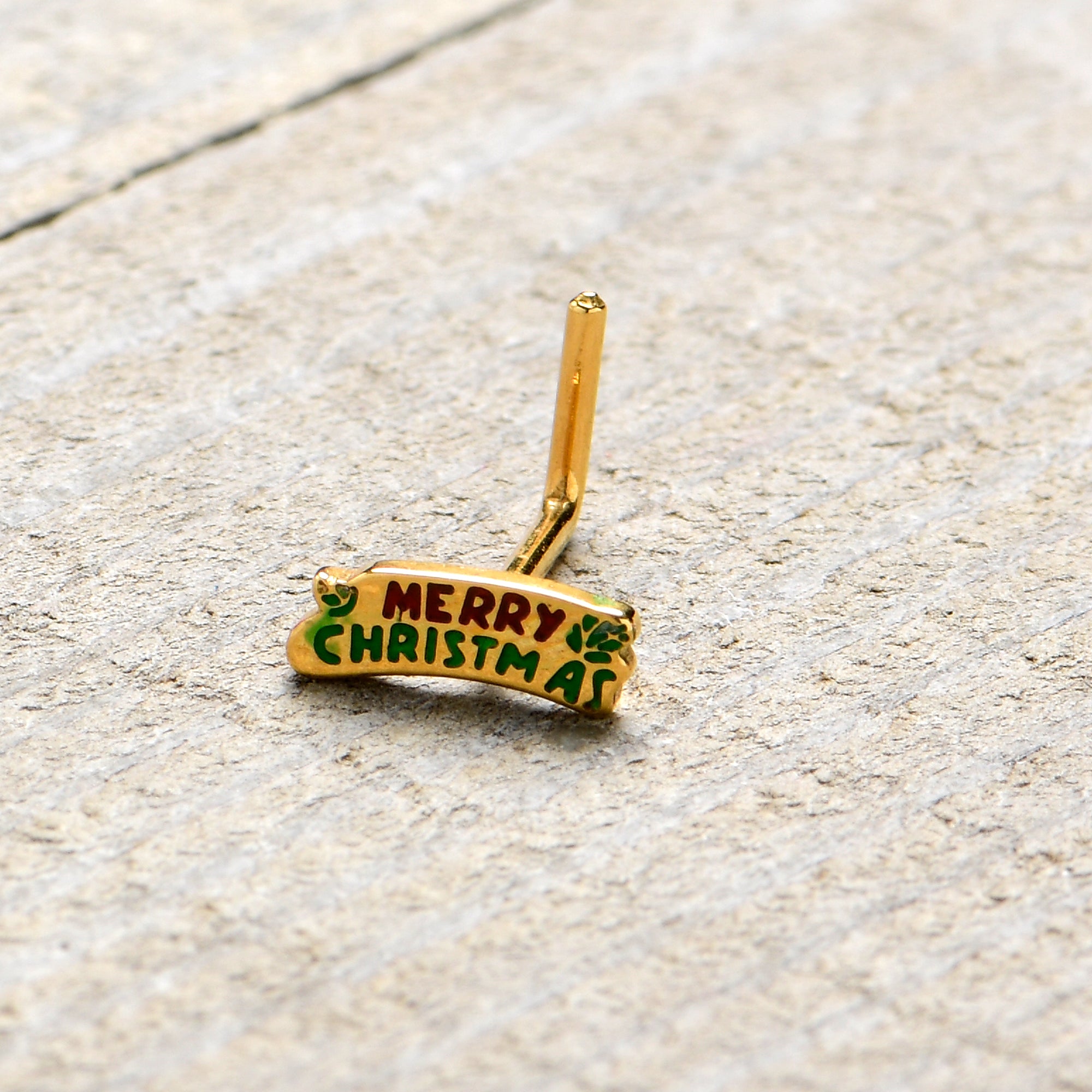 20G 7mm Gold Tone Merry Christmas Inlaid L Shape Nose Ring