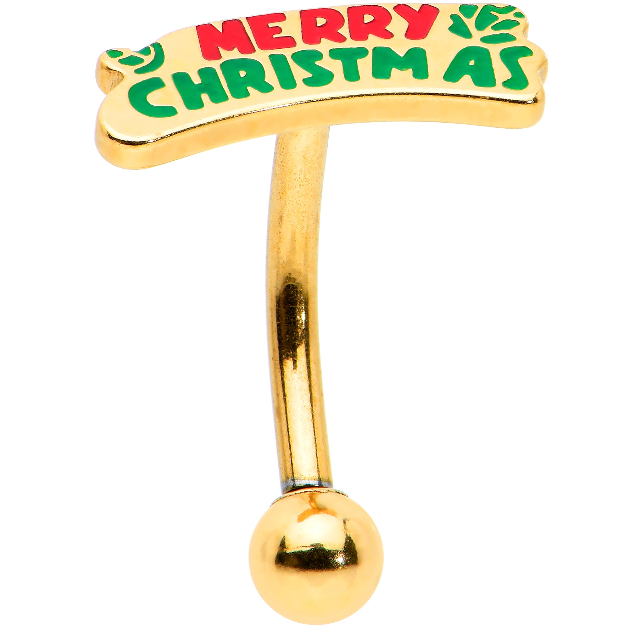 16G 5/16 Gold Tone Merry Christmas Inlay Curved Barbell Ring