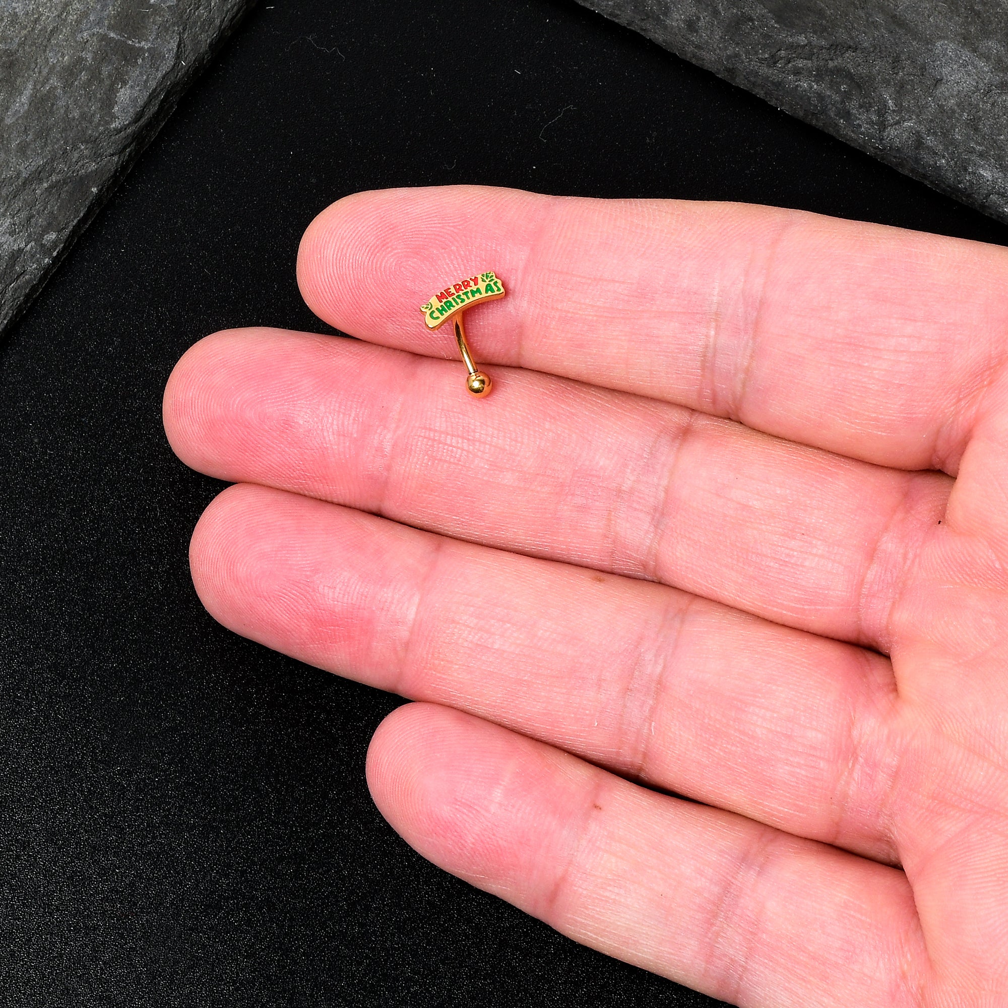 16G 5/16 Gold Tone Merry Christmas Inlay Curved Barbell Ring