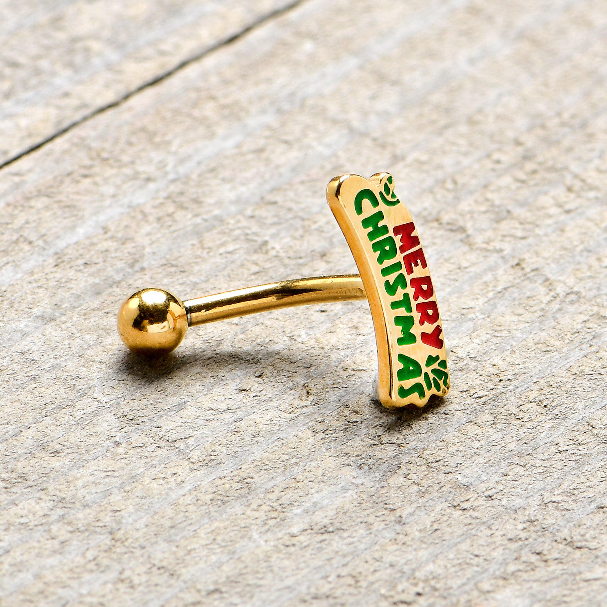 16G 5/16 Gold Tone Merry Christmas Inlay Curved Barbell Ring