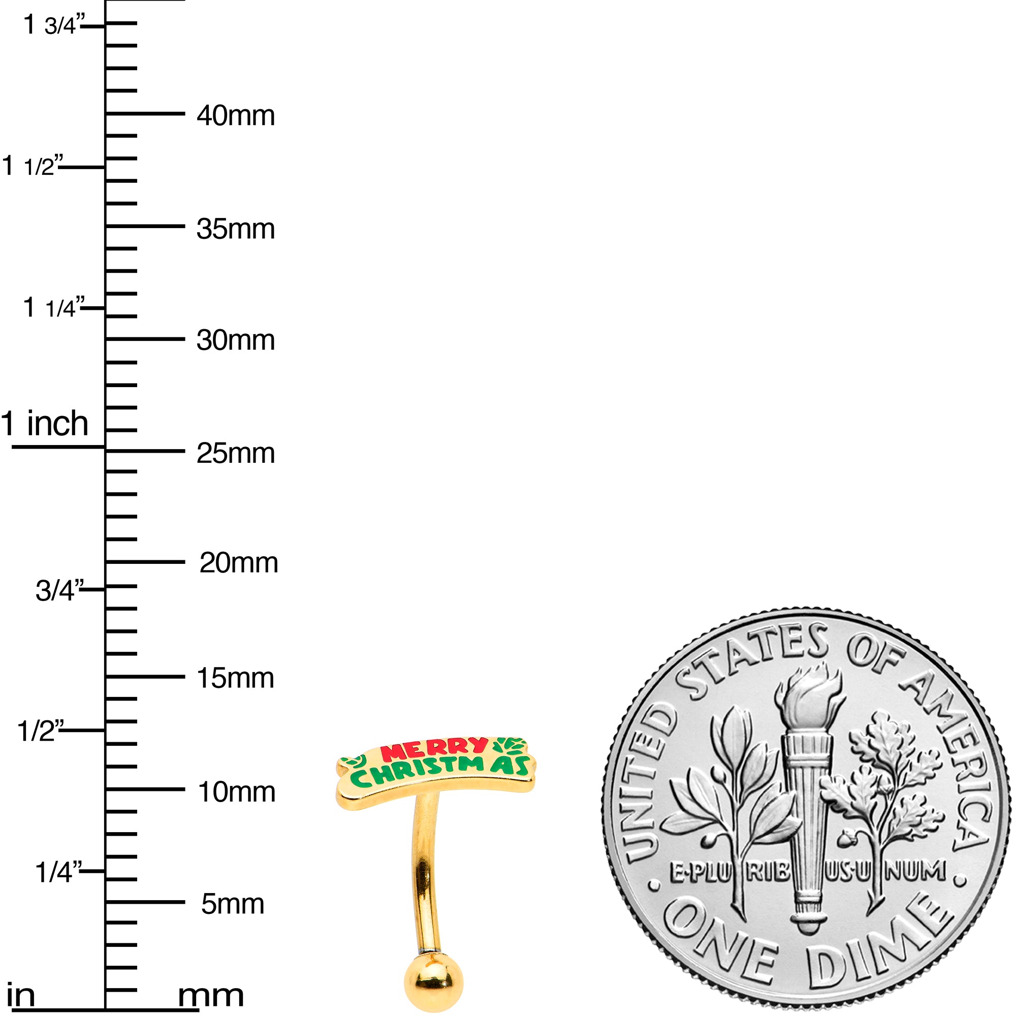 16G 5/16 Gold Tone Merry Christmas Inlay Curved Barbell Ring