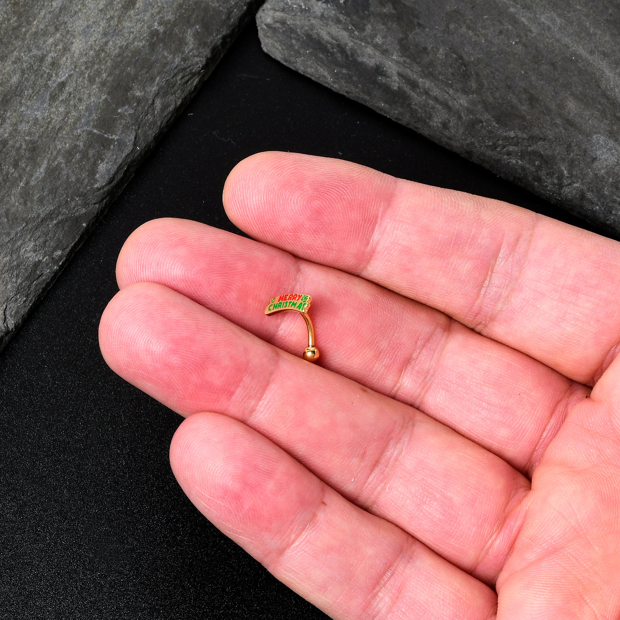 16G 5/16 Gold Tone Merry Christmas Inlay Curved Barbell Ring