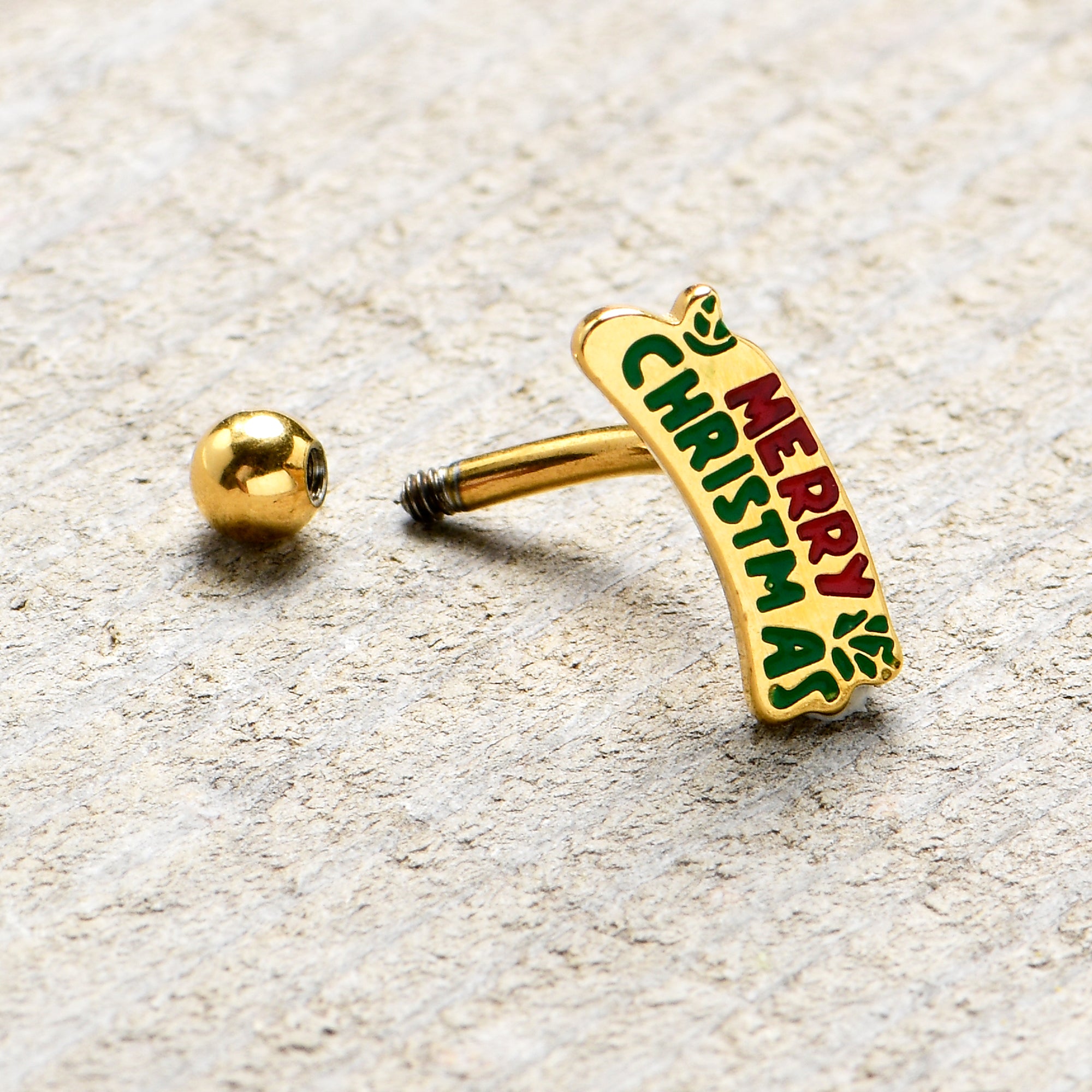 16G 5/16 Gold Tone Merry Christmas Inlay Curved Barbell Ring