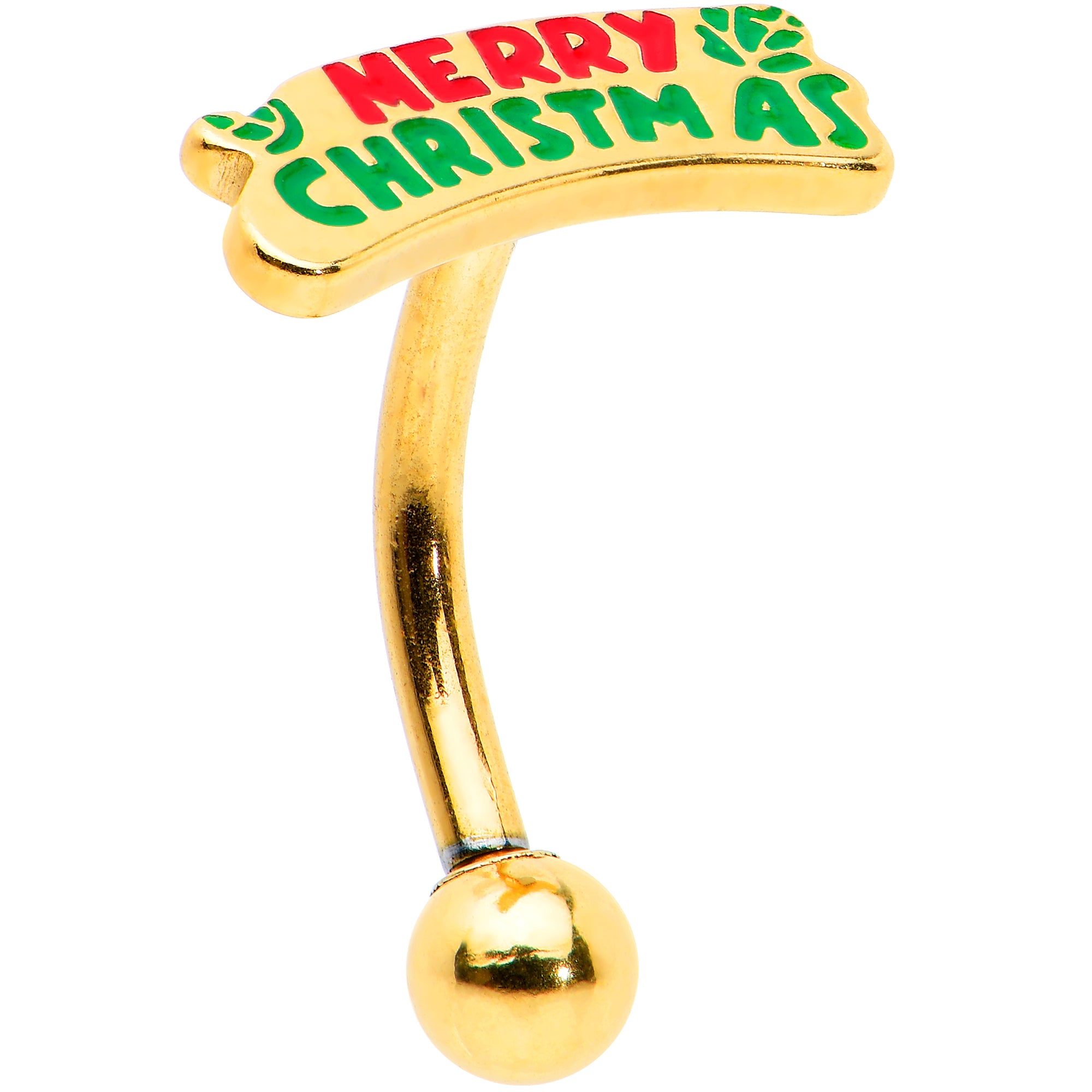16G 5/16 Gold Tone Merry Christmas Inlay Curved Barbell Ring