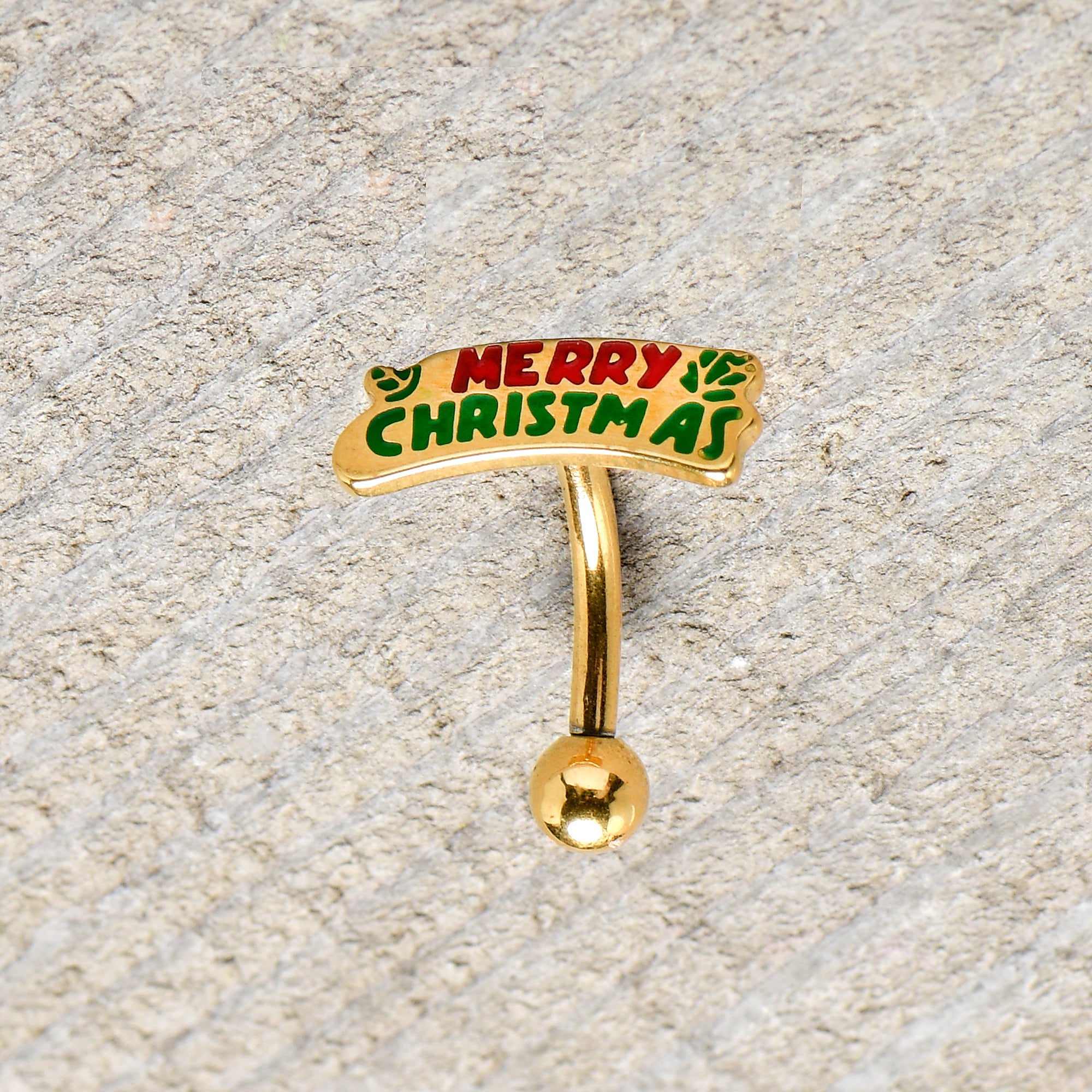 16G 5/16 Gold Tone Merry Christmas Inlay Curved Barbell Ring