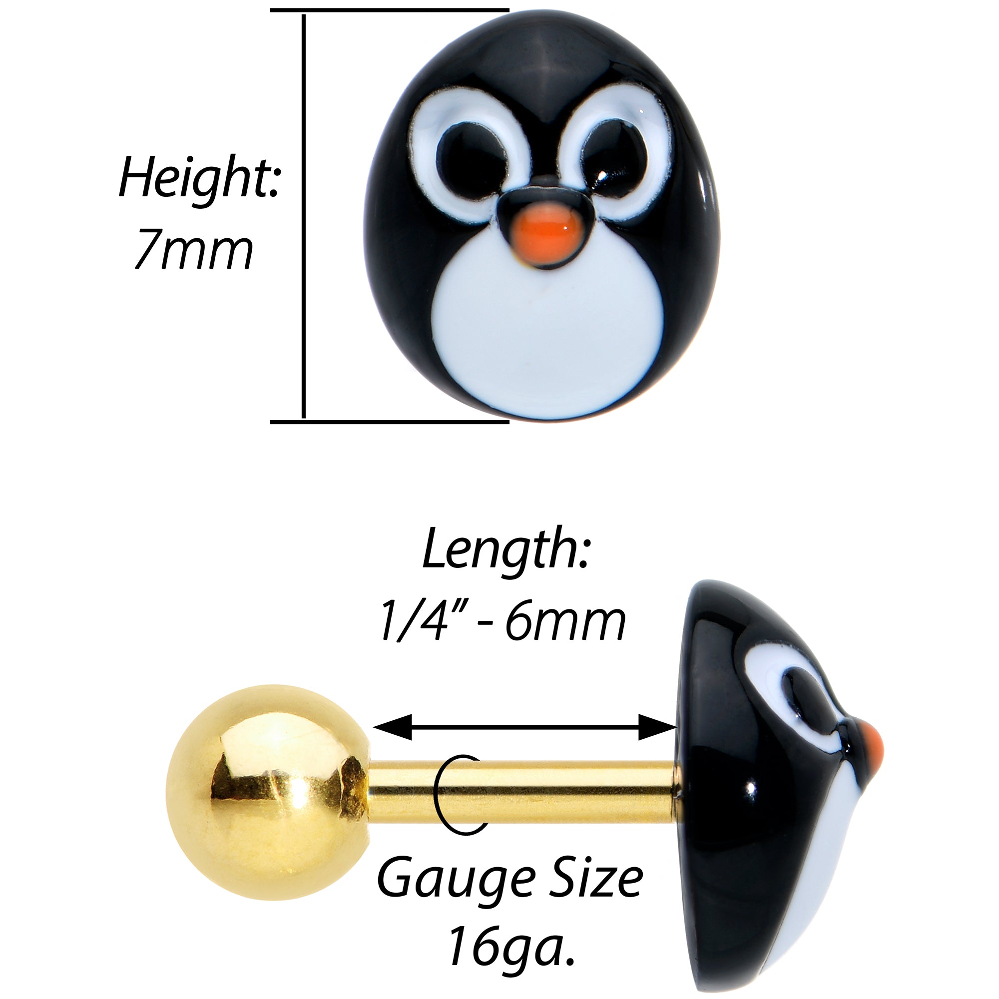 16G 1/4 Gold Tone Round Penguin Face Holiday Cartilage Earring