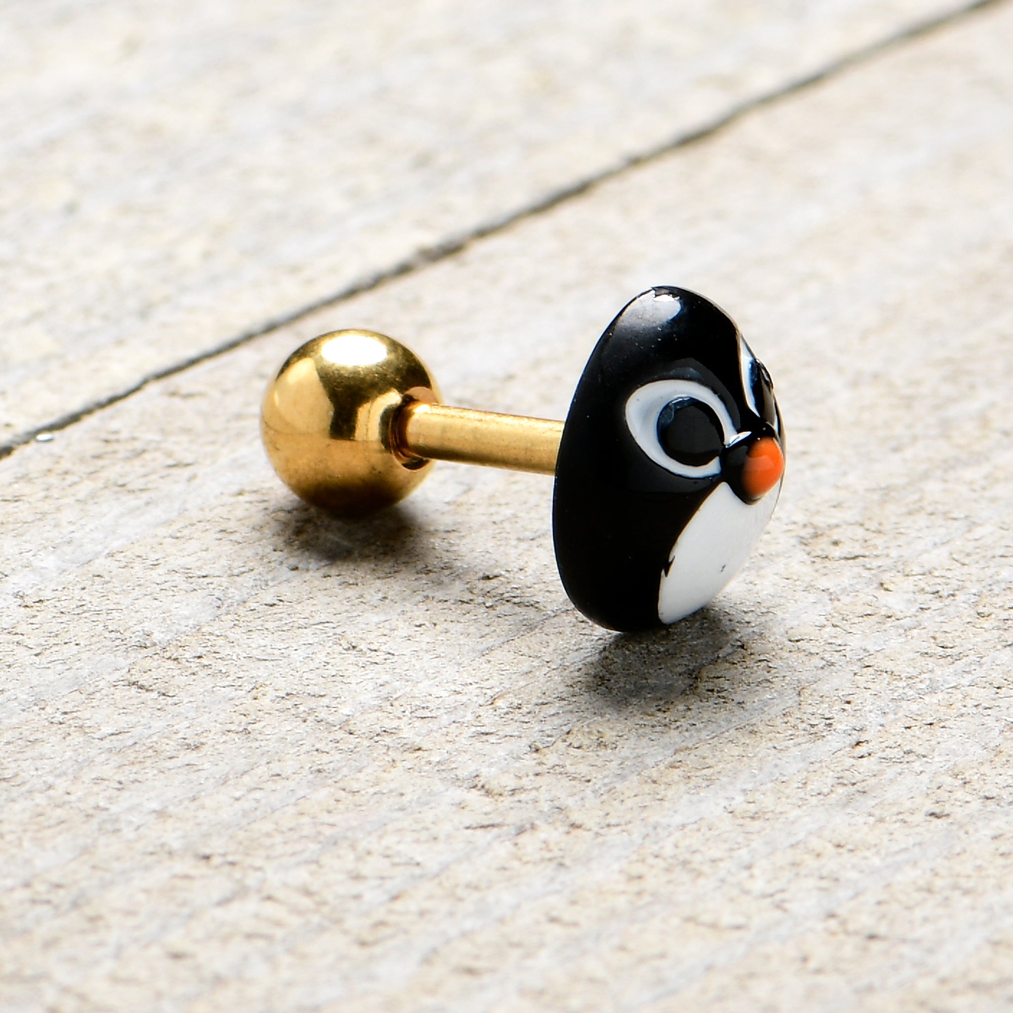16G 1/4 Gold Tone Round Penguin Face Holiday Cartilage Earring
