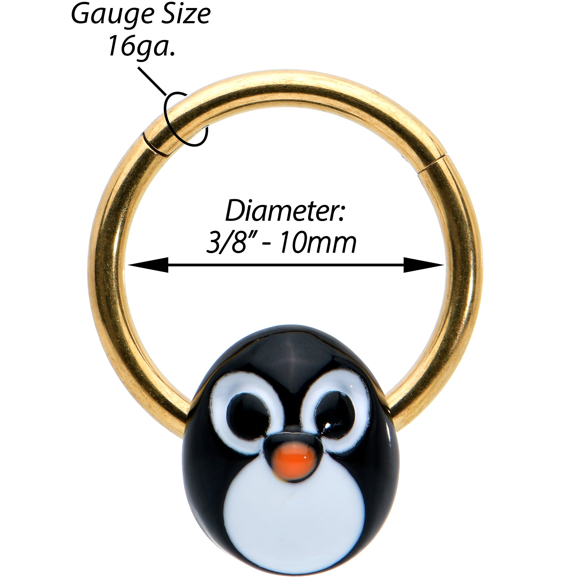 16G 3/8 Gold Tone Round Penguin Face Holiday Hinged Segment Ring