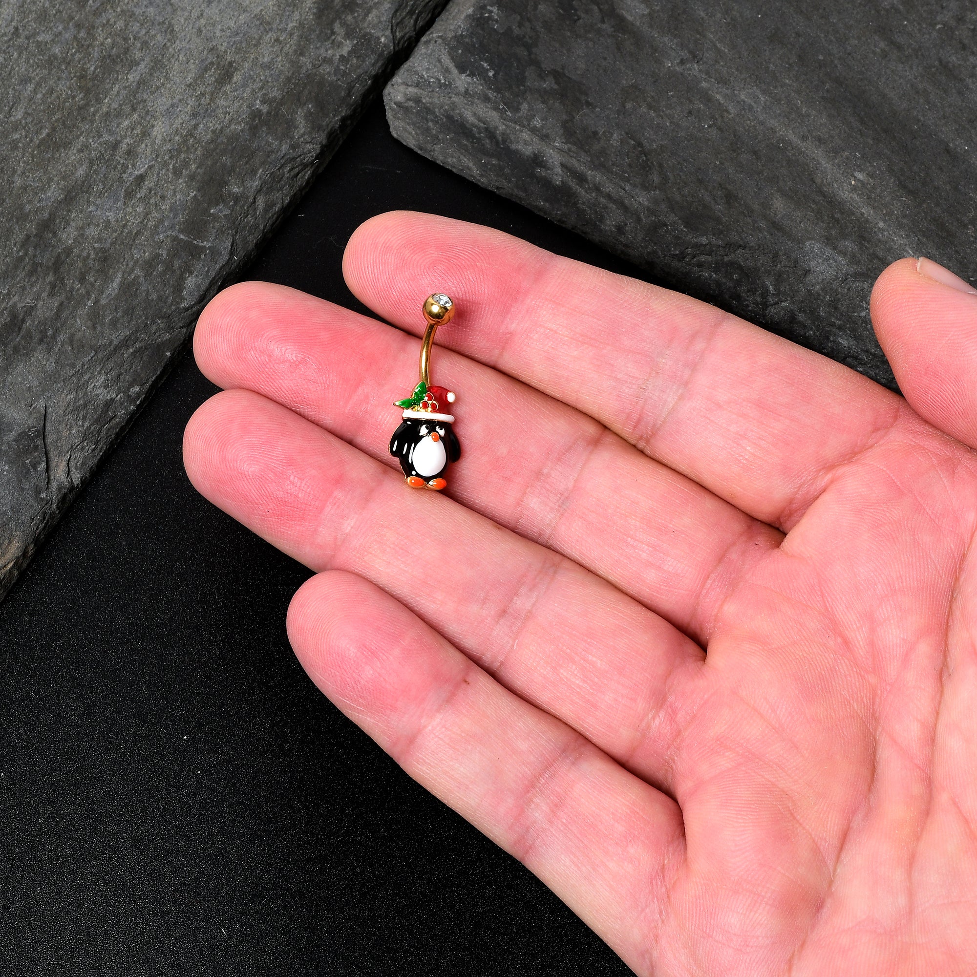 Clear Gem Gold Tone Holly Hat Penguin Holiday Belly Ring