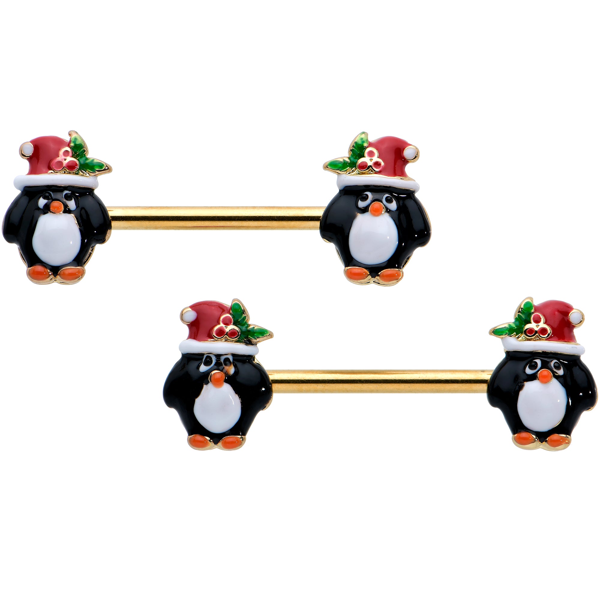 14G 9/16 Gold Tone Holly Hat Penguin Barbell Nipple Ring Set
