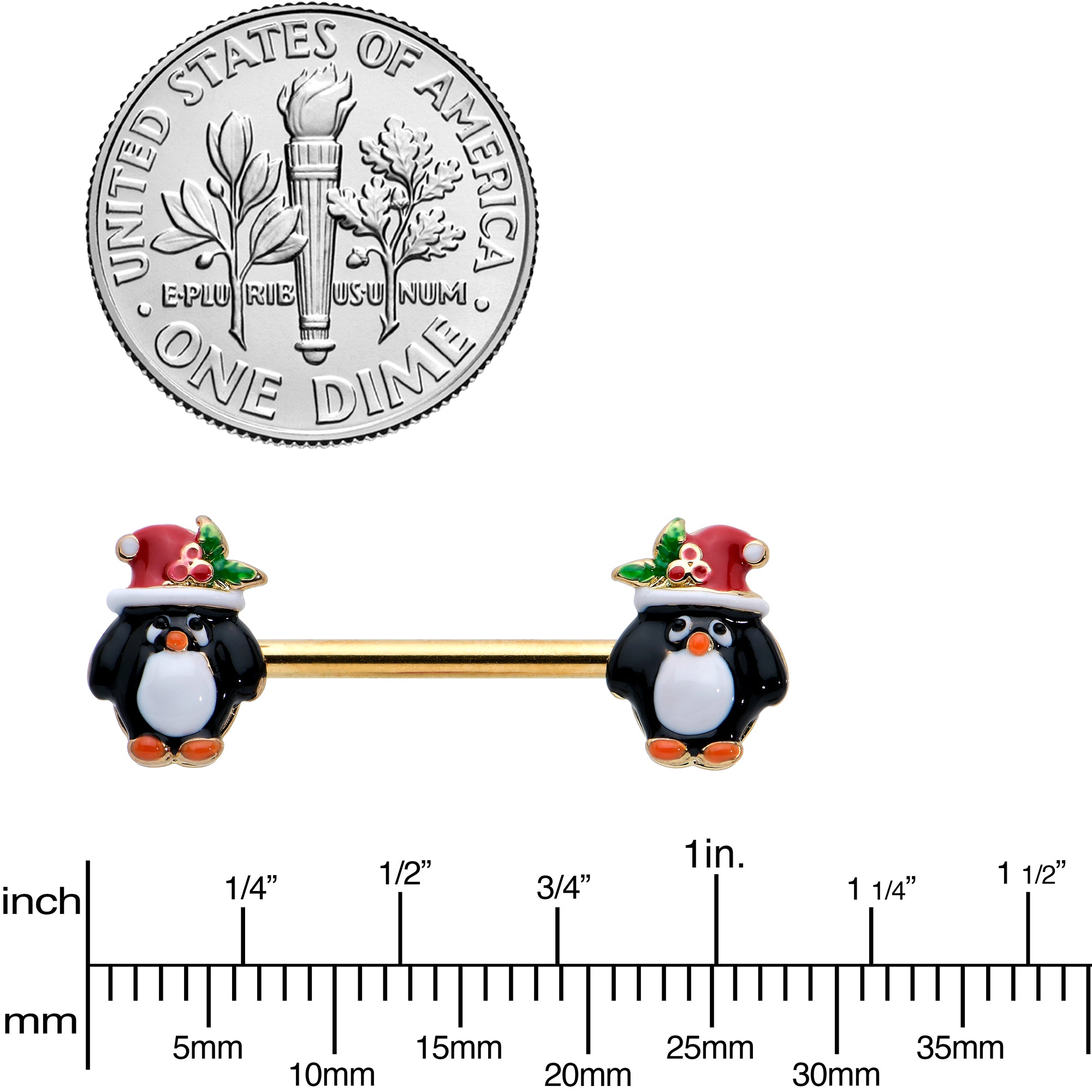 14G 9/16 Gold Tone Holly Hat Penguin Barbell Nipple Ring Set