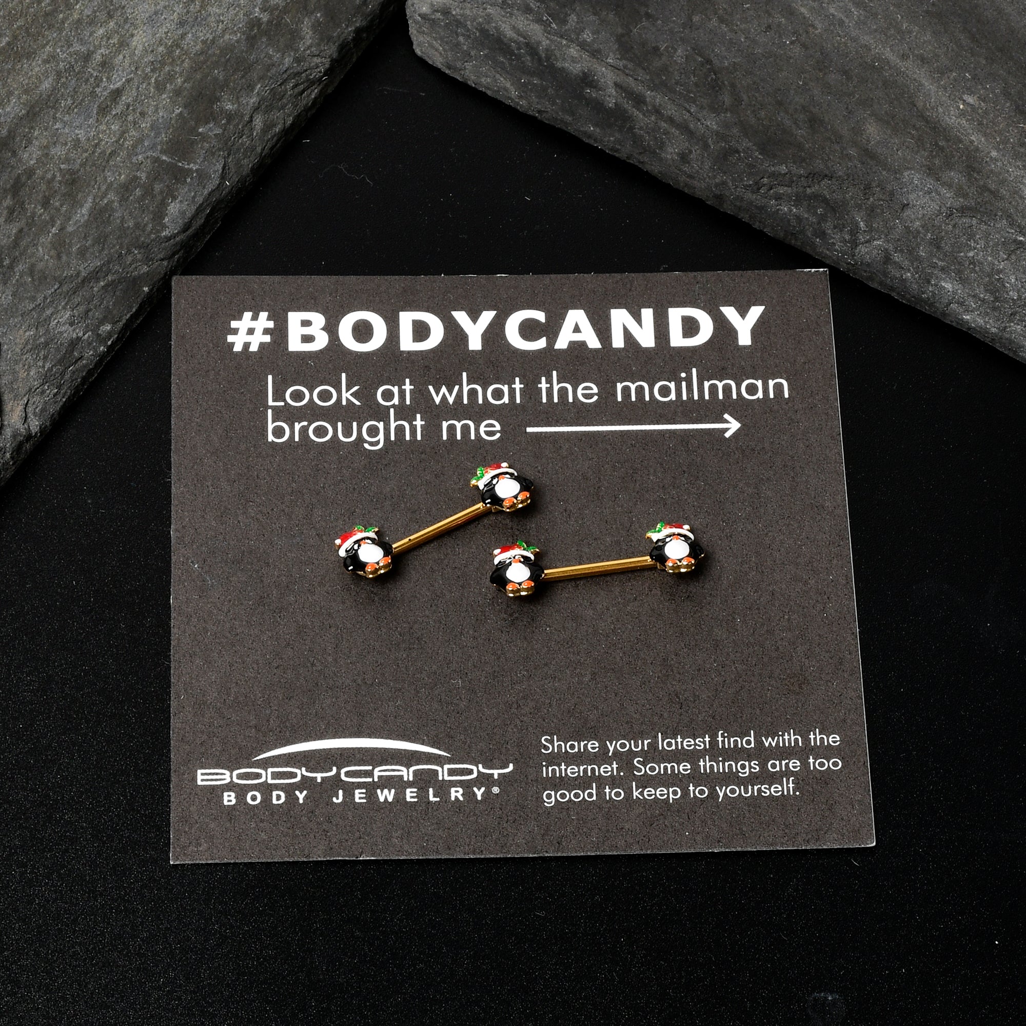 14G 9/16 Gold Tone Holly Hat Penguin Barbell Nipple Ring Set