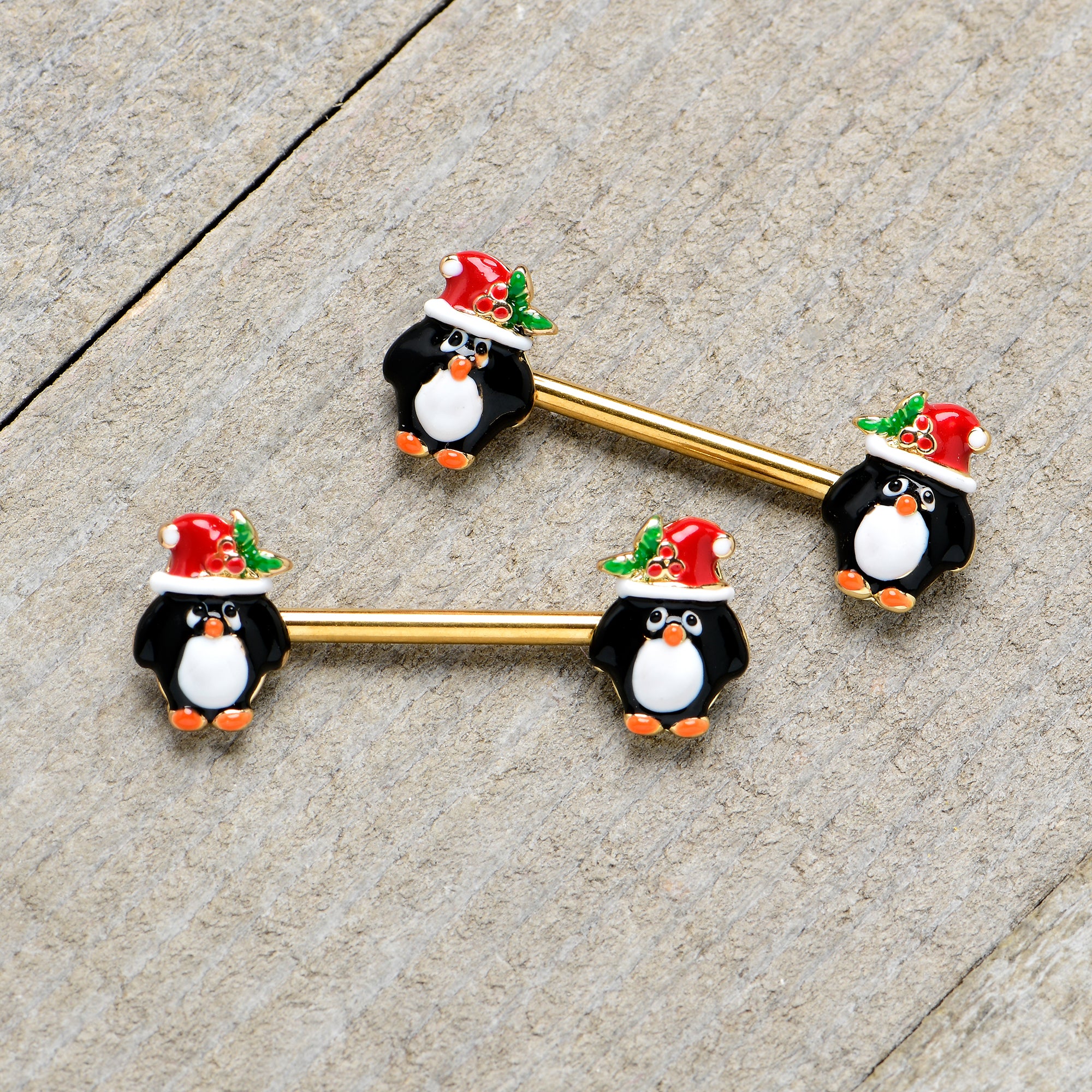 14G 9/16 Gold Tone Holly Hat Penguin Barbell Nipple Ring Set