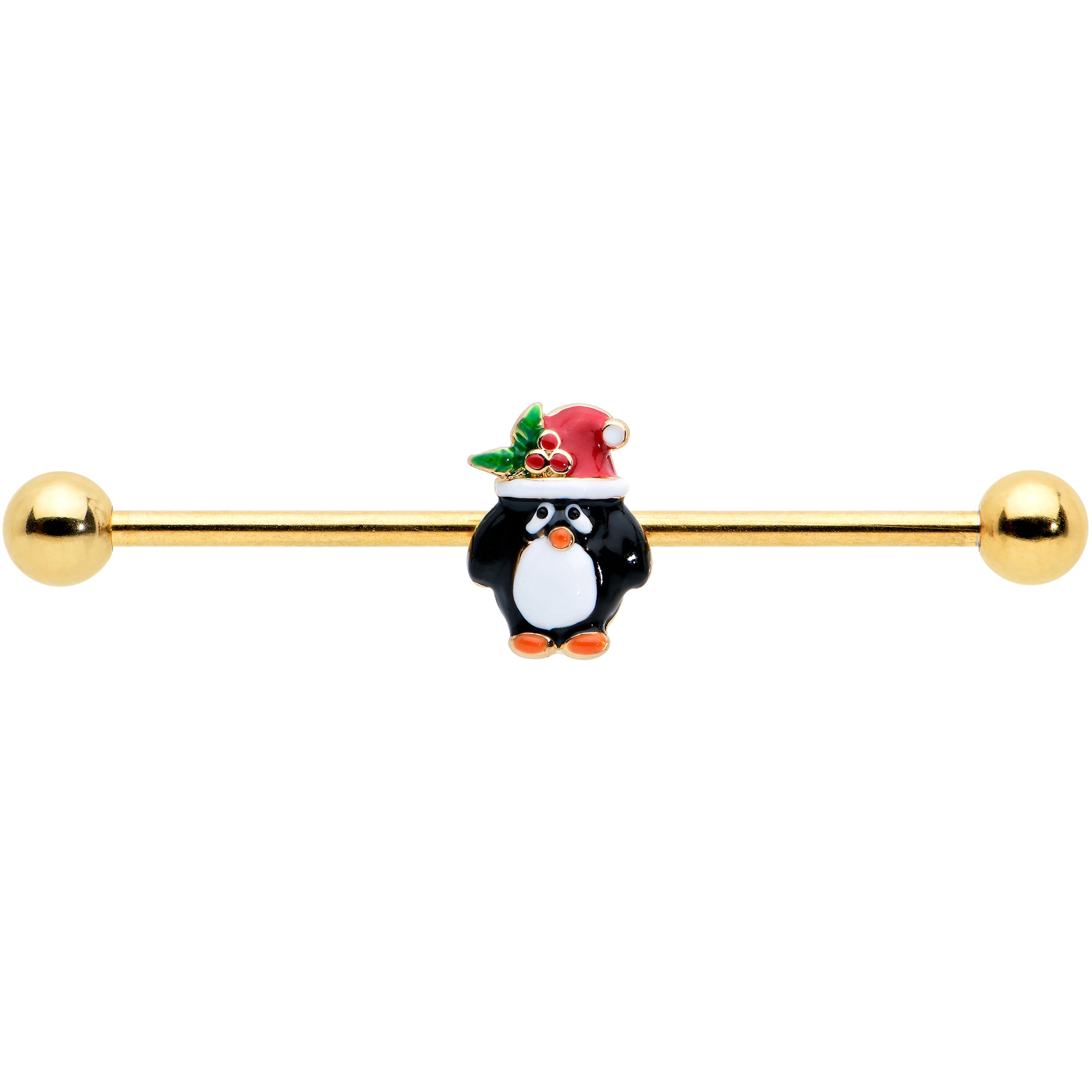 14G Gold Tone Holly Hat Penguin Holiday Industrial Barbell 38mm