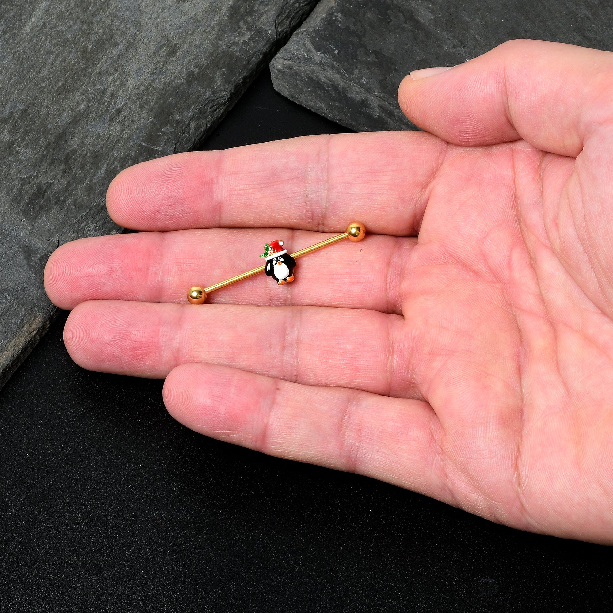 14G Gold Tone Holly Hat Penguin Holiday Industrial Barbell 38mm