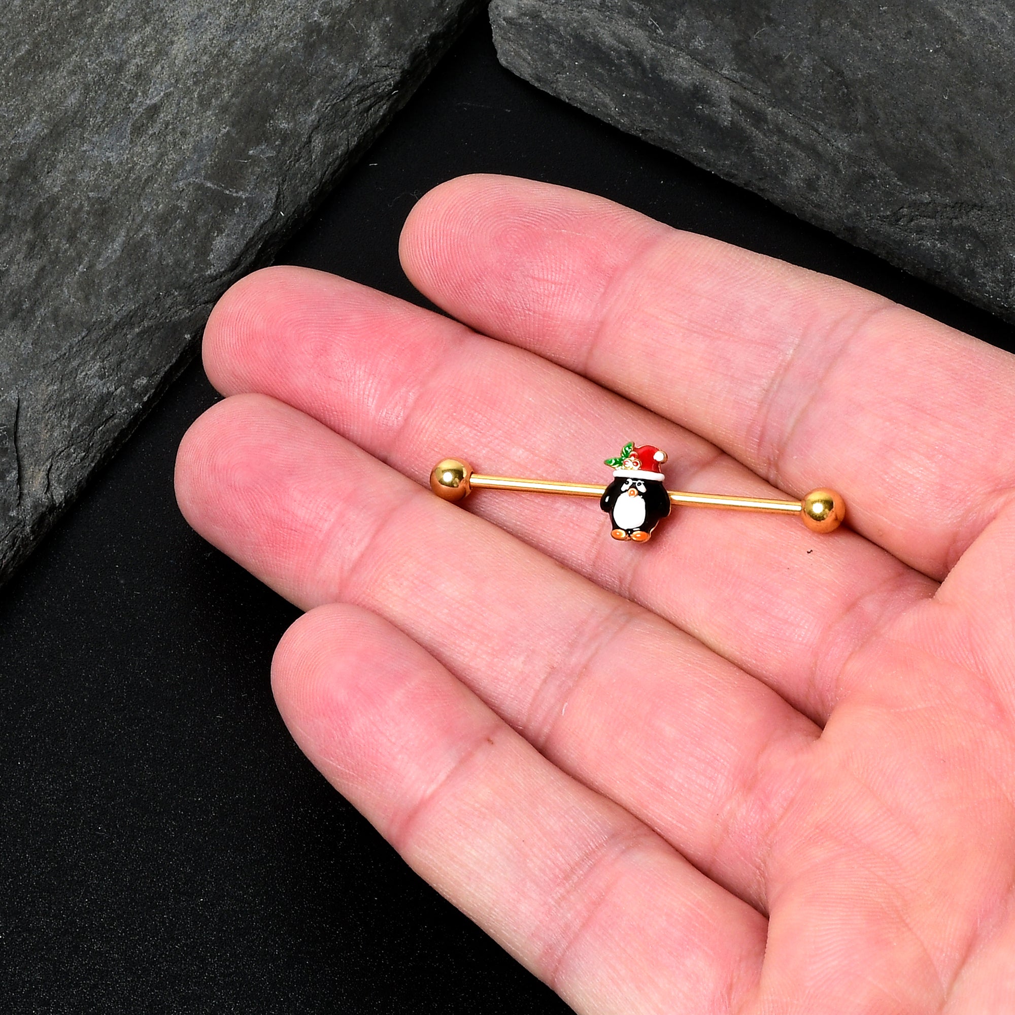 14G Gold Tone Holly Hat Penguin Holiday Industrial Barbell 38mm