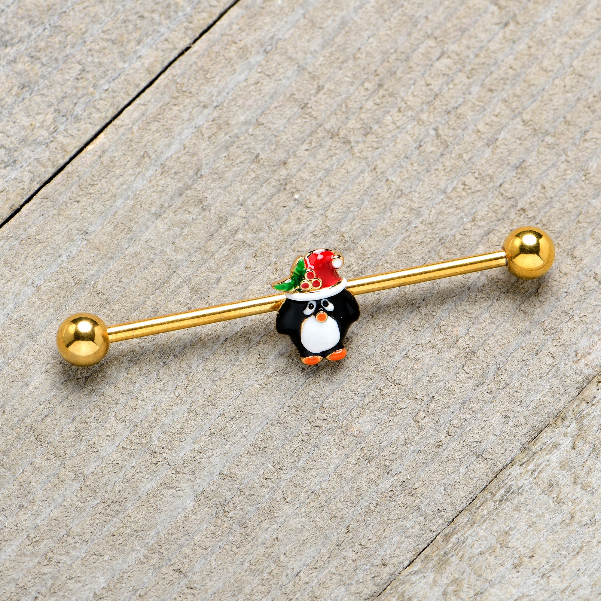 14G Gold Tone Holly Hat Penguin Holiday Industrial Barbell 38mm