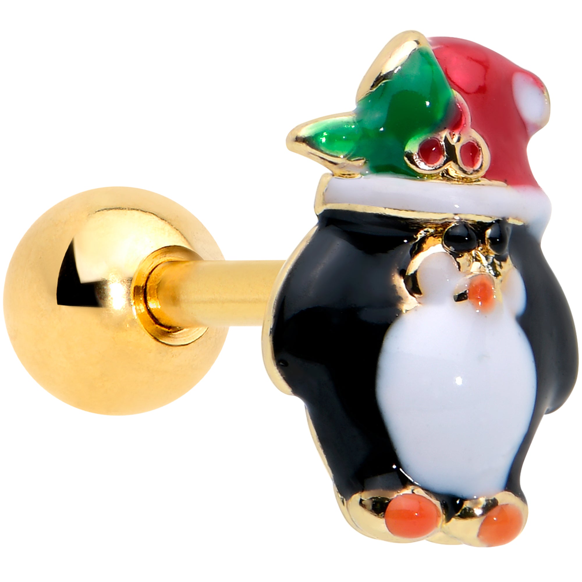 16G 1/4 Gold Tone Holly Hat Penguin Cartilage Tragus Earring