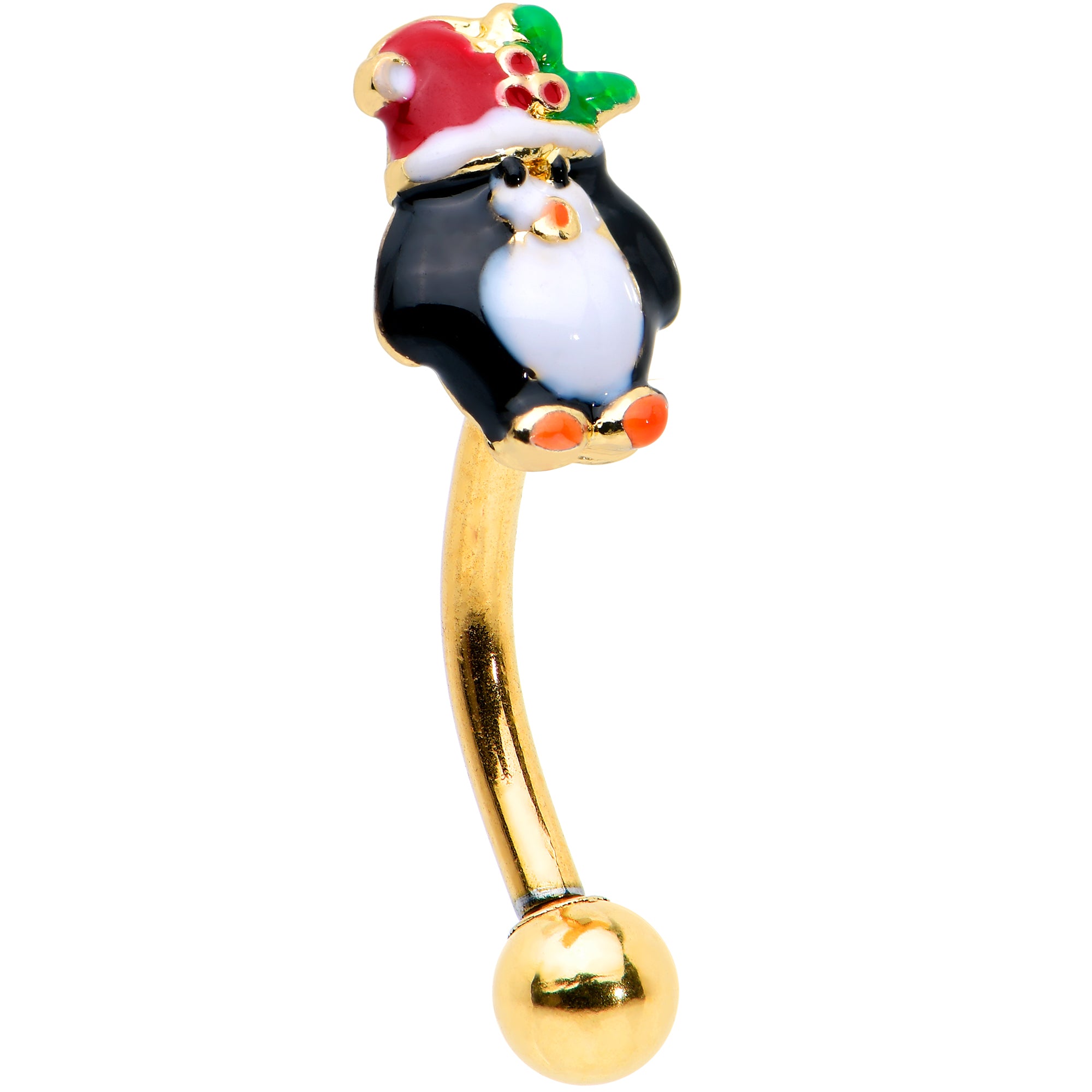 16G 5/16 Gold Tone Holly Hat Penguin Holiday Curved Eyebrow Ring