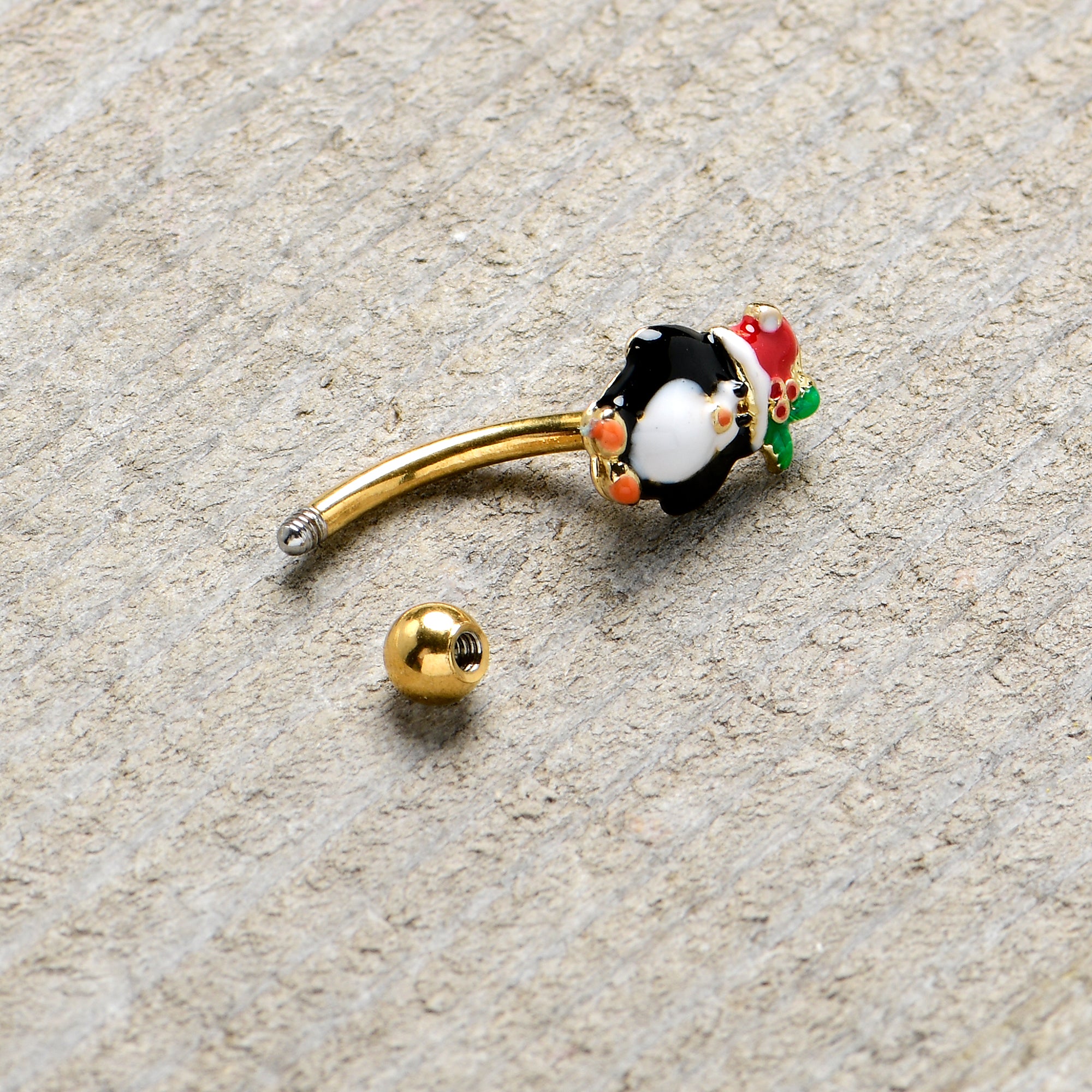 16G 5/16 Gold Tone Holly Hat Penguin Holiday Curved Eyebrow Ring
