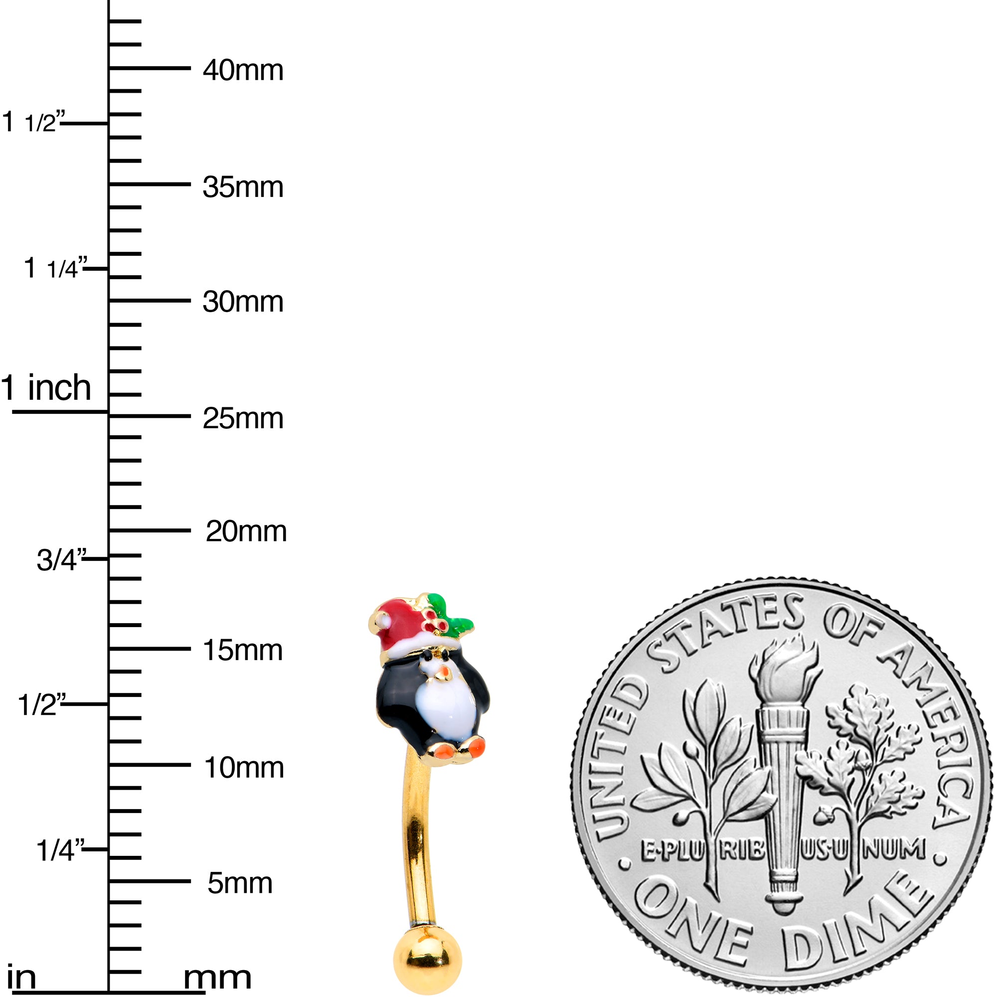 16G 5/16 Gold Tone Holly Hat Penguin Holiday Curved Eyebrow Ring