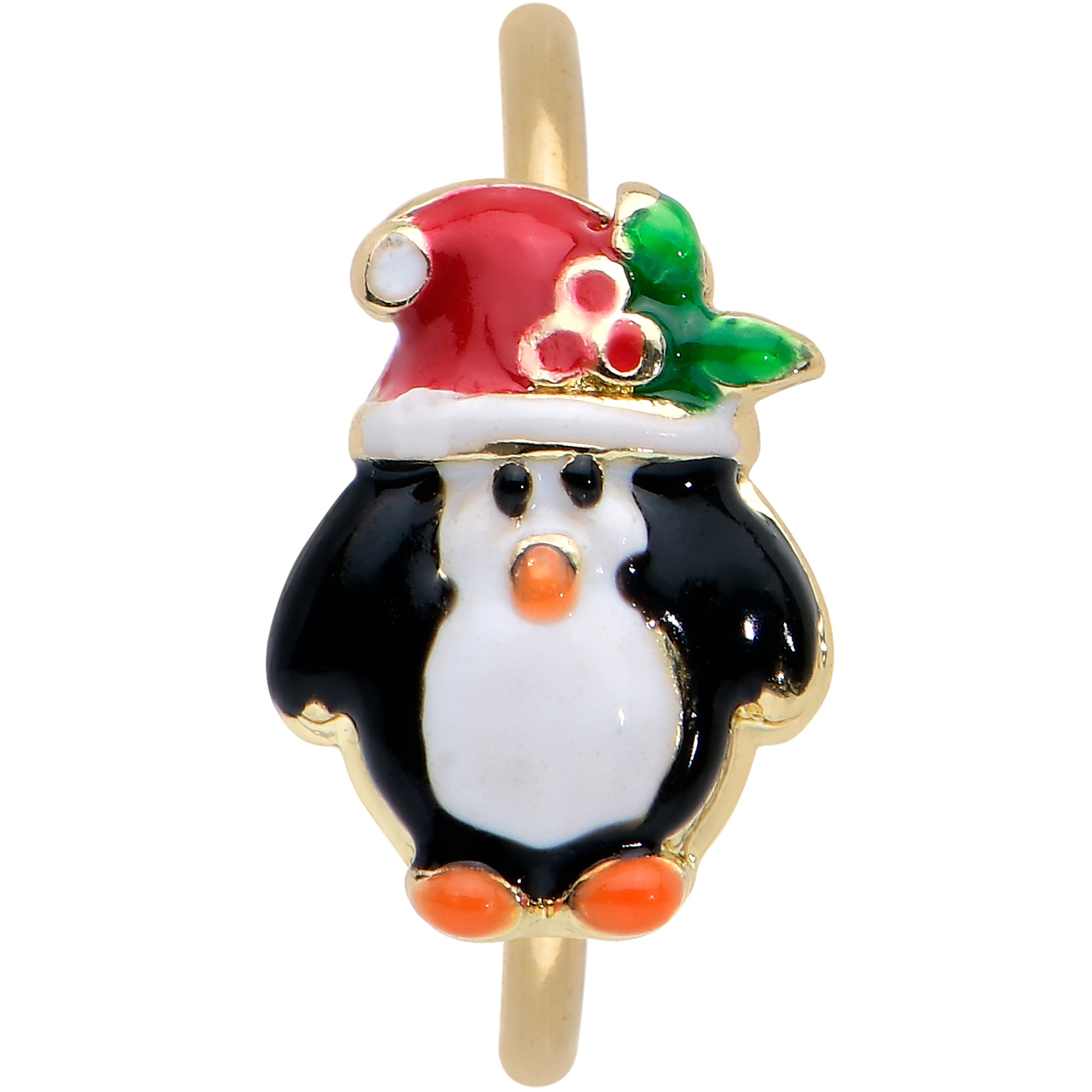 20G 5/16 Gold Tone Holly Hat Penguin Holiday Nose Hoop