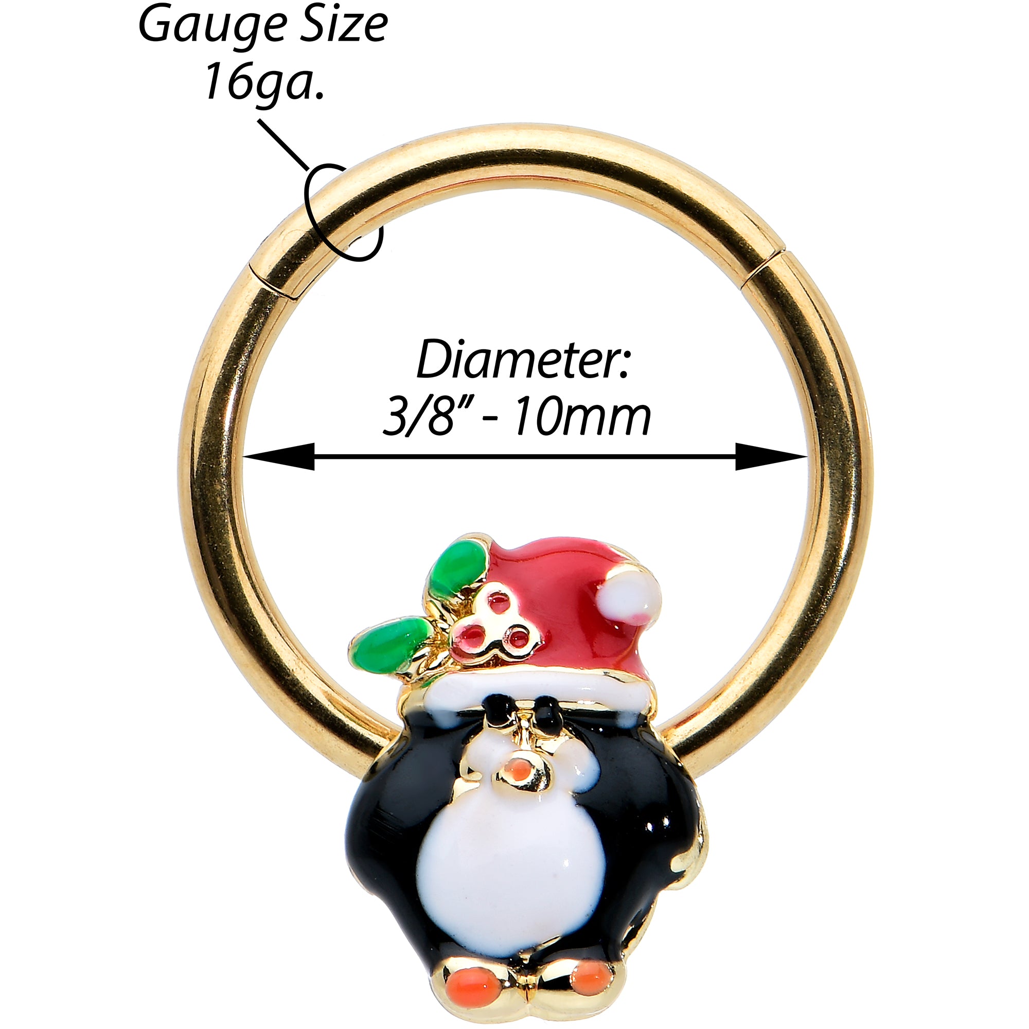 16G 3/8 Gold Tone Holly Hat Penguin Holiday Hinged Segment Ring