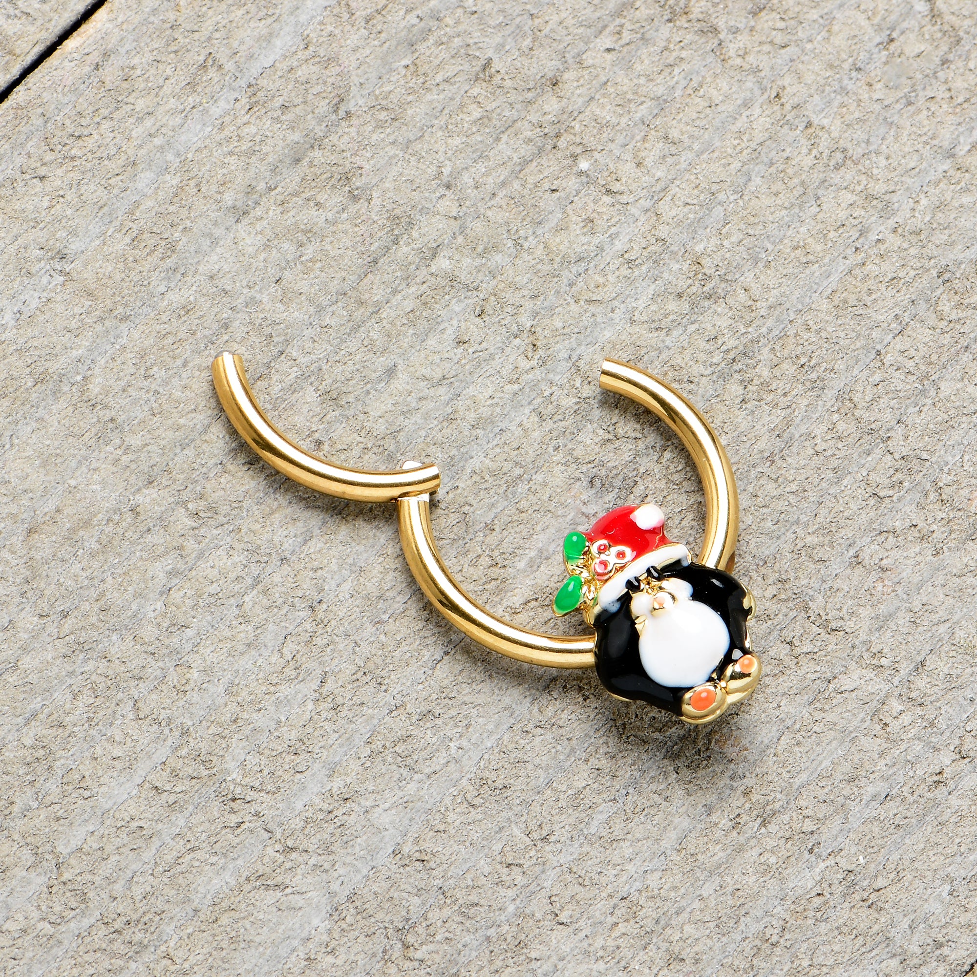 16G 3/8 Gold Tone Holly Hat Penguin Holiday Hinged Segment Ring