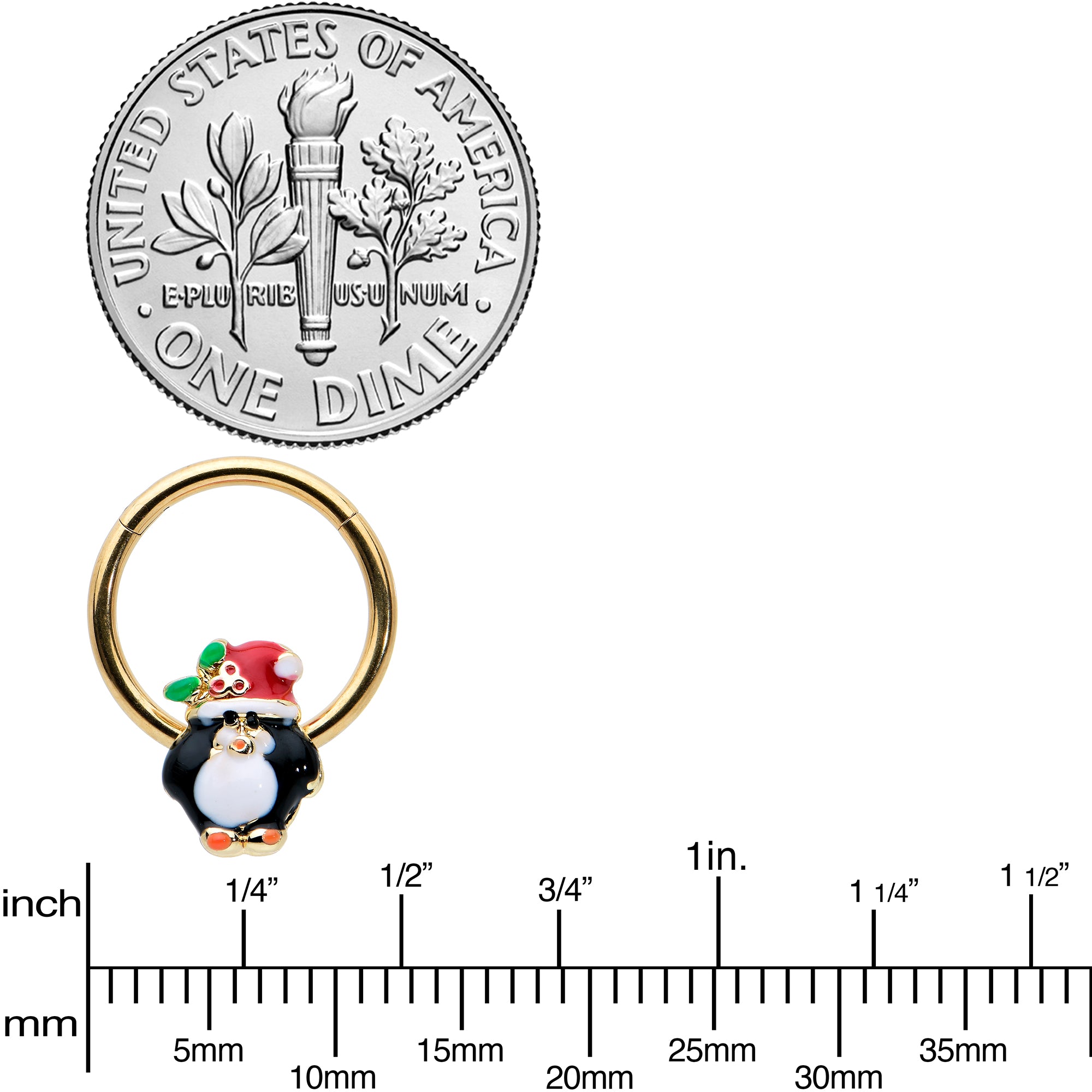 16G 3/8 Gold Tone Holly Hat Penguin Holiday Hinged Segment Ring