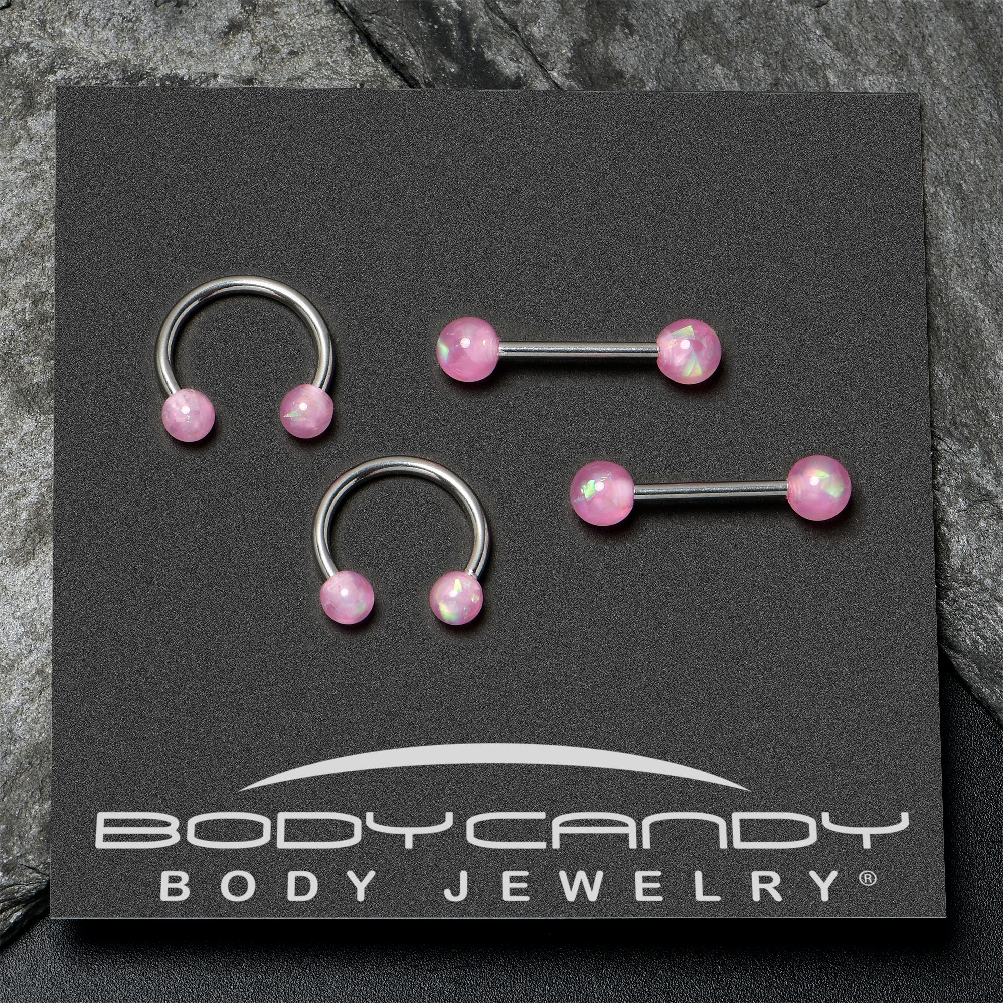 14G 3/8 9/16 Pink Faux Opal Horseshoe Barbell Nipple Ring Set of 4