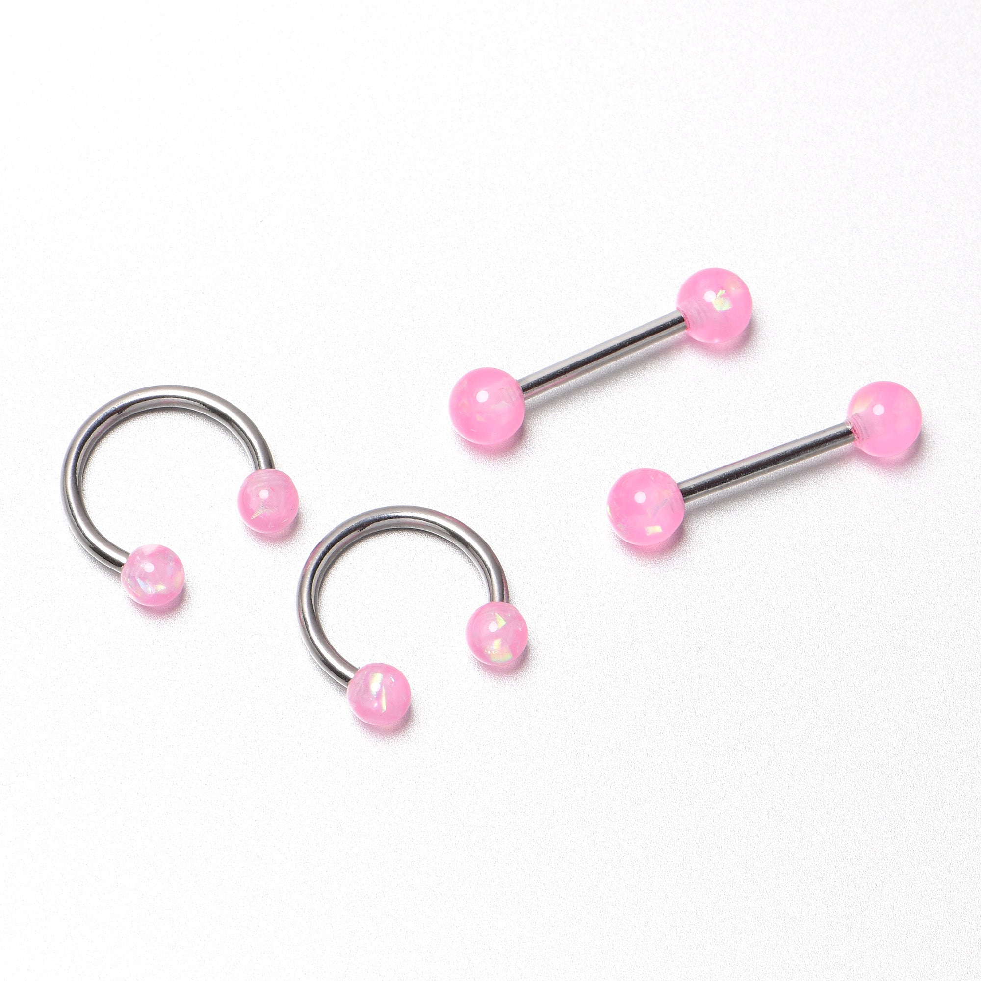 14G 3/8 9/16 Pink Faux Opal Horseshoe Barbell Nipple Ring Set of 4