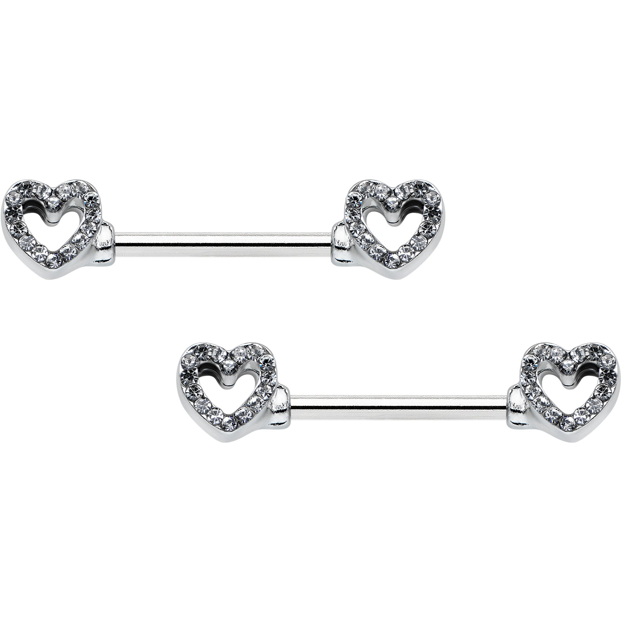 14G 9/16 Clear Gem Open Heart Valentine Barbell Nipple Ring Set