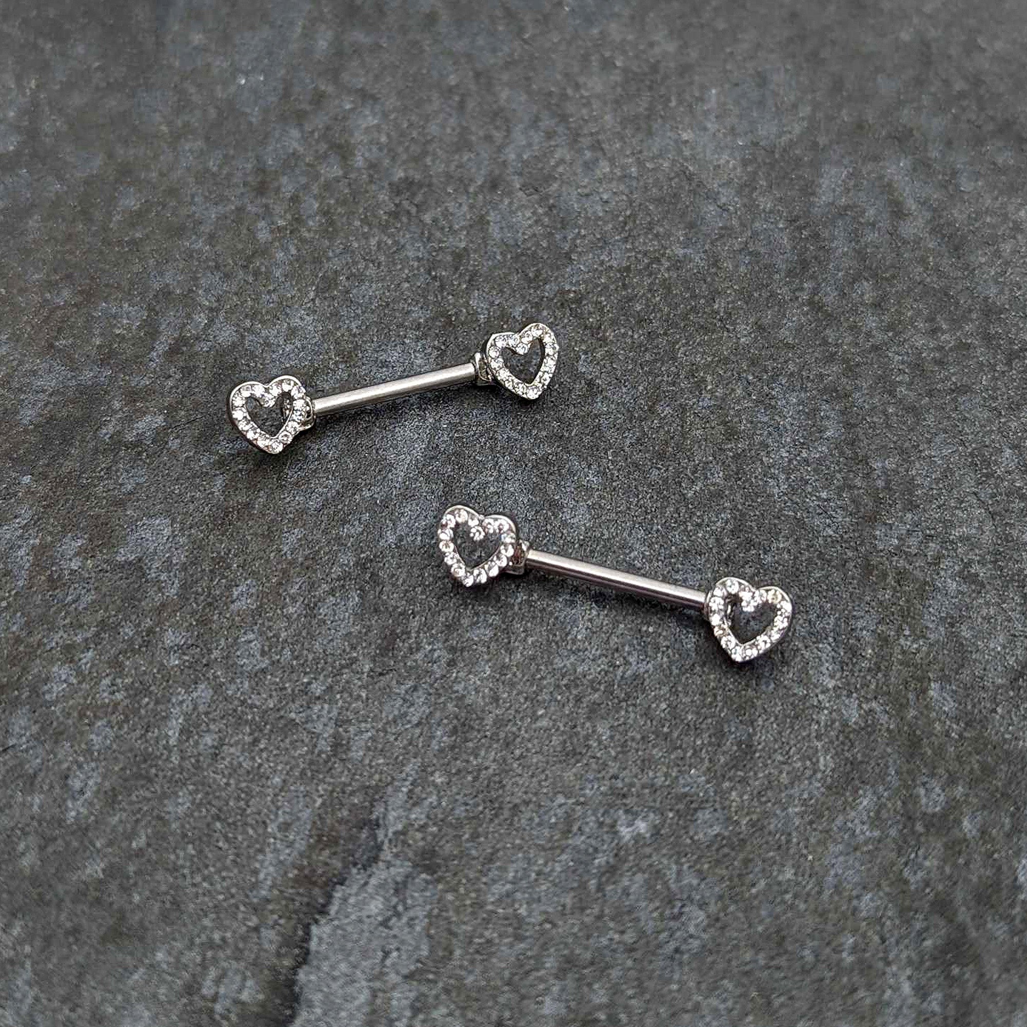 14G 9/16 Clear Gem Open Heart Valentine Barbell Nipple Ring Set