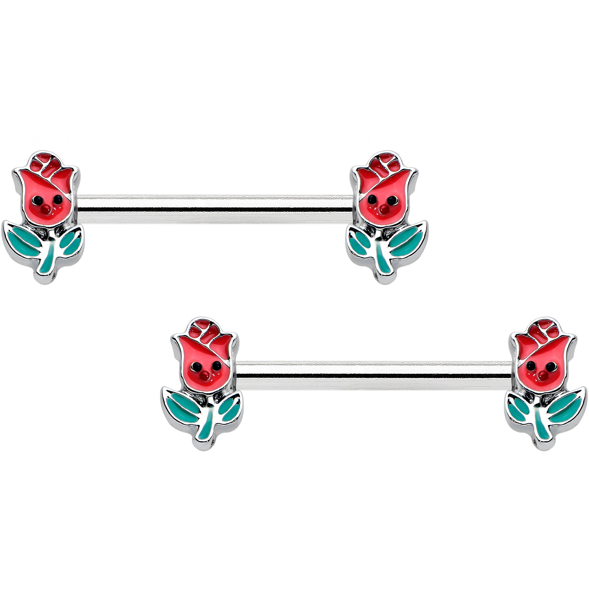 14G 9/16 Sweet Happy Rose Flower Barbell Nipple Ring Set