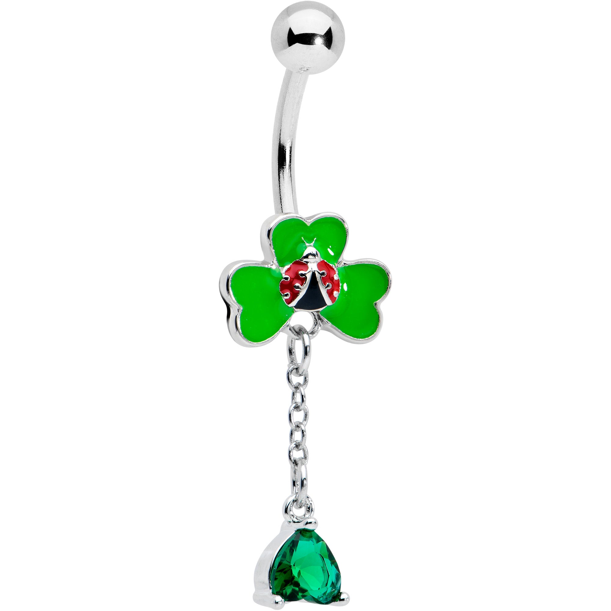Green Gem Shamrock Ladybug St Patricks Dangle Belly Ring