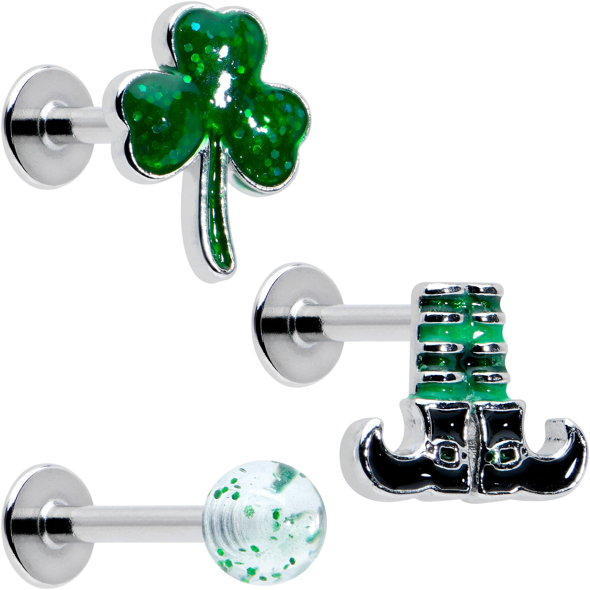 16G 1/4 Leprechaun Legs Shamrock UV Glow Labret Set of 3