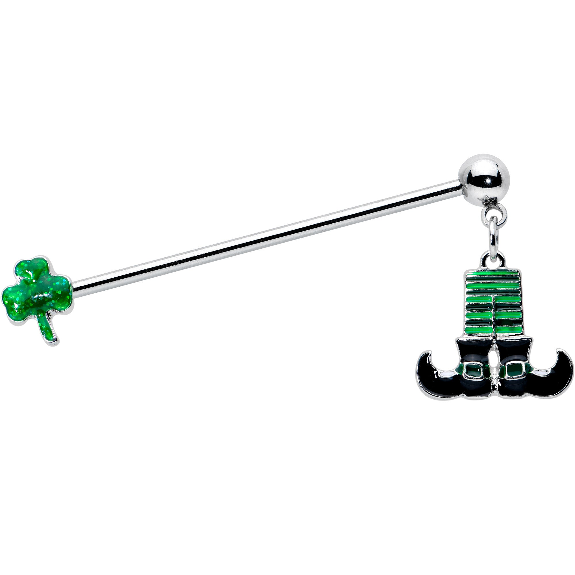 14G Leprechaun Legs Shamrock Dangle Industrial Barbell 38mm