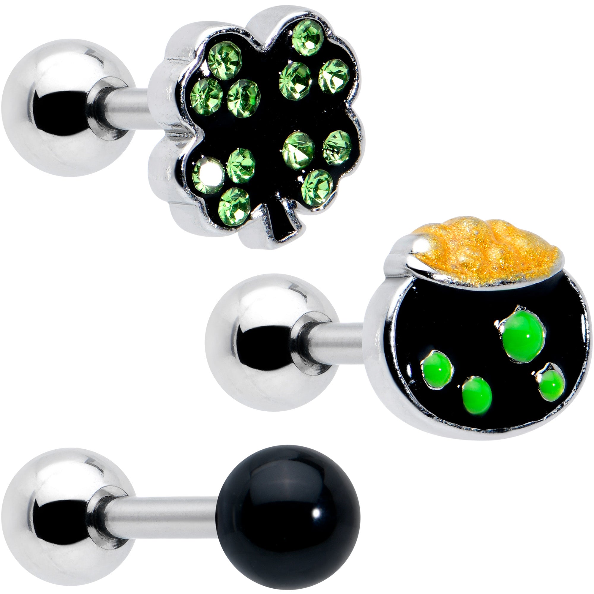 16G 1/4 Green Gem Shamrock Pot of Gold Cartilage Earring Curation Set of 3