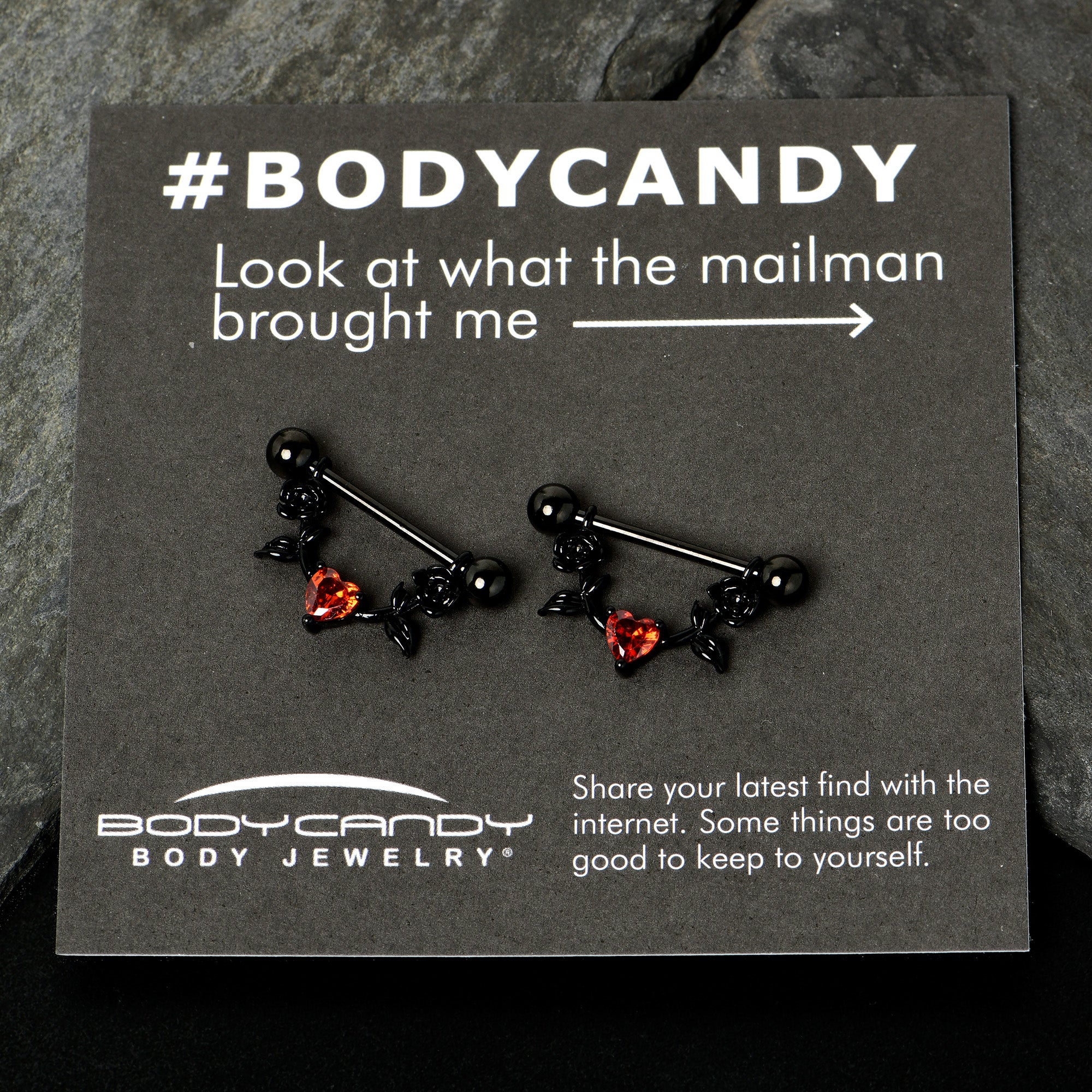 14G 11/16 Red CZ Gem Black Heart Flower Dangle Nipple Ring Set