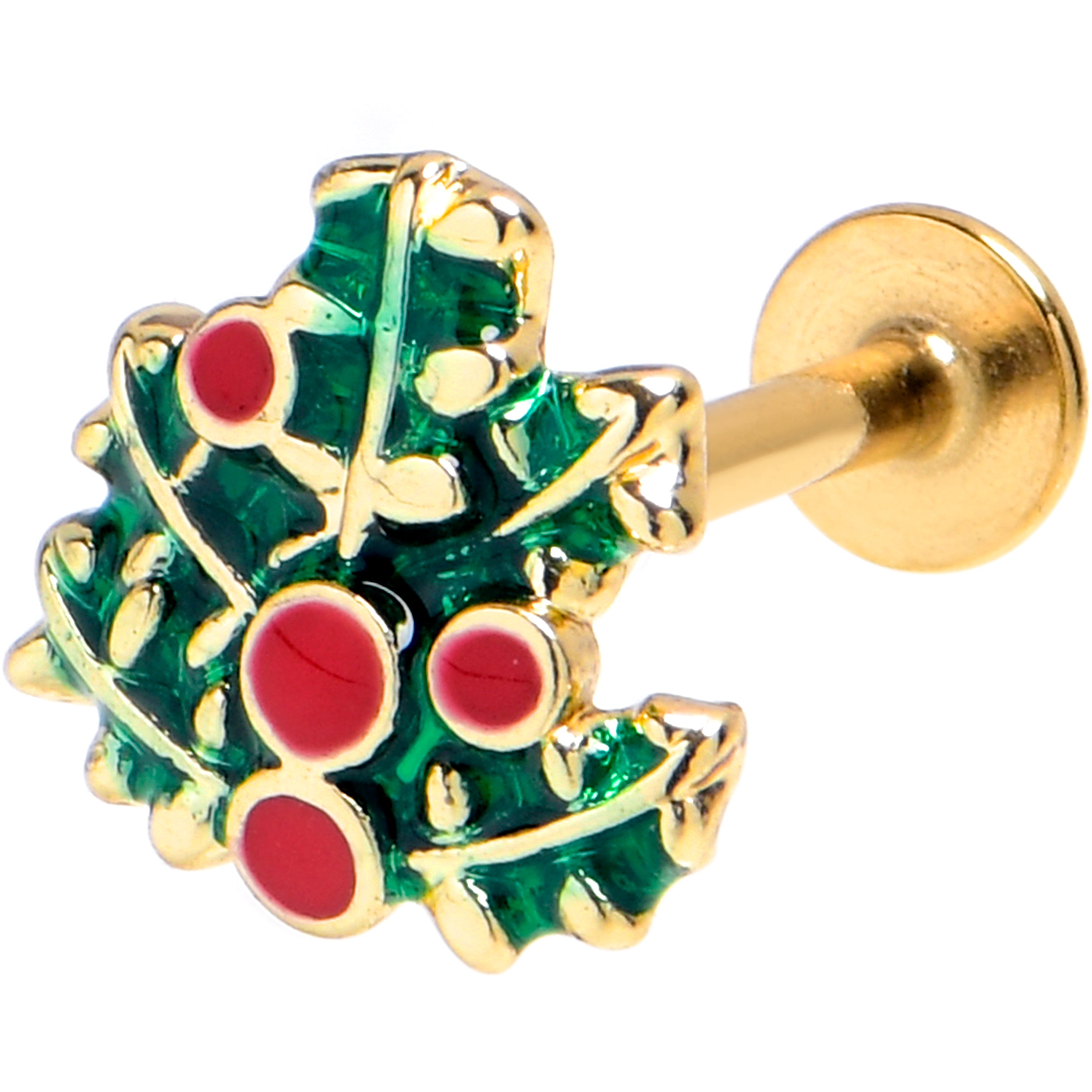 16G 1/4 Gold Tone Festive Holly Sprig Labret Tragus
