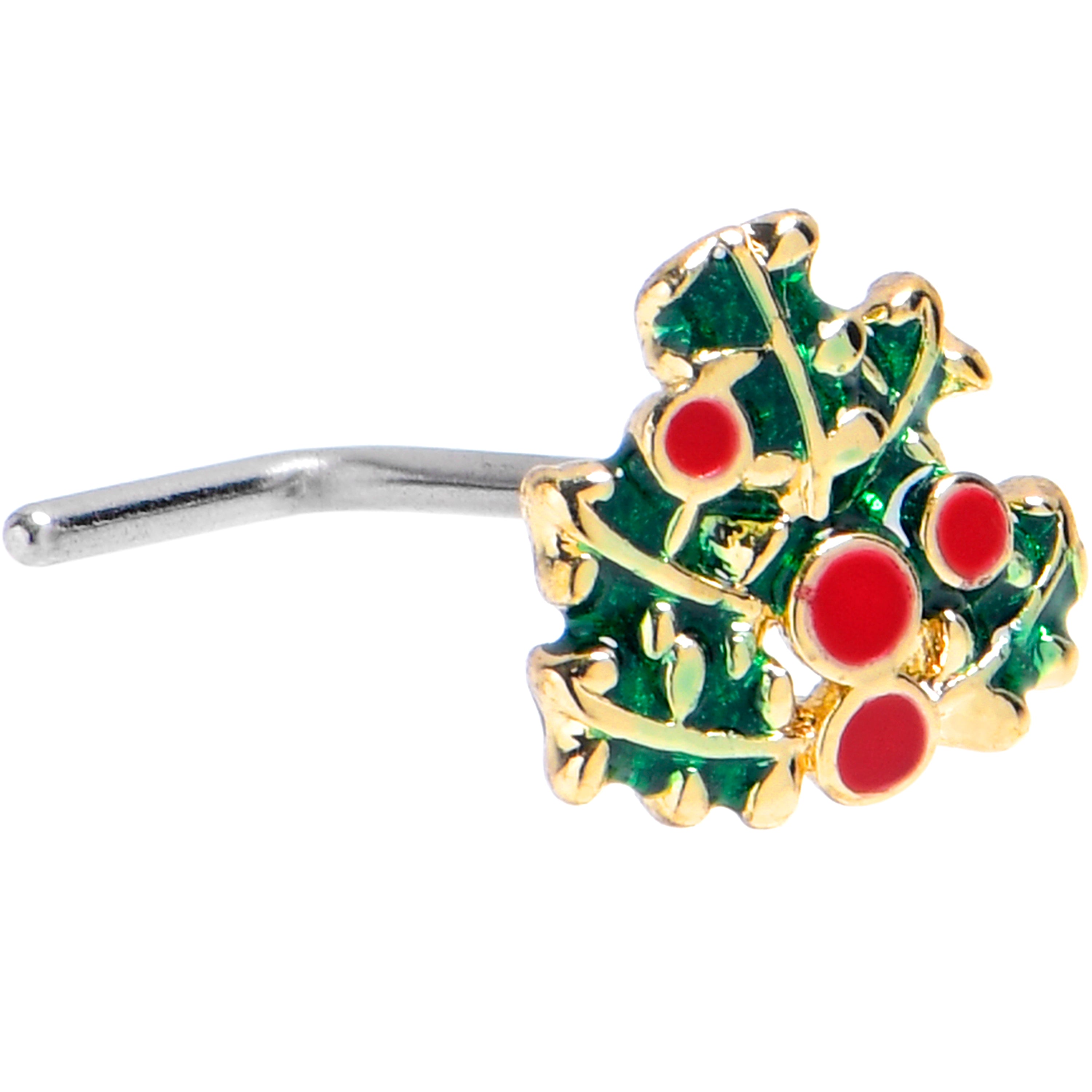 20G 7mm Festive Holly Sprig Golden L Shape Nose Ring