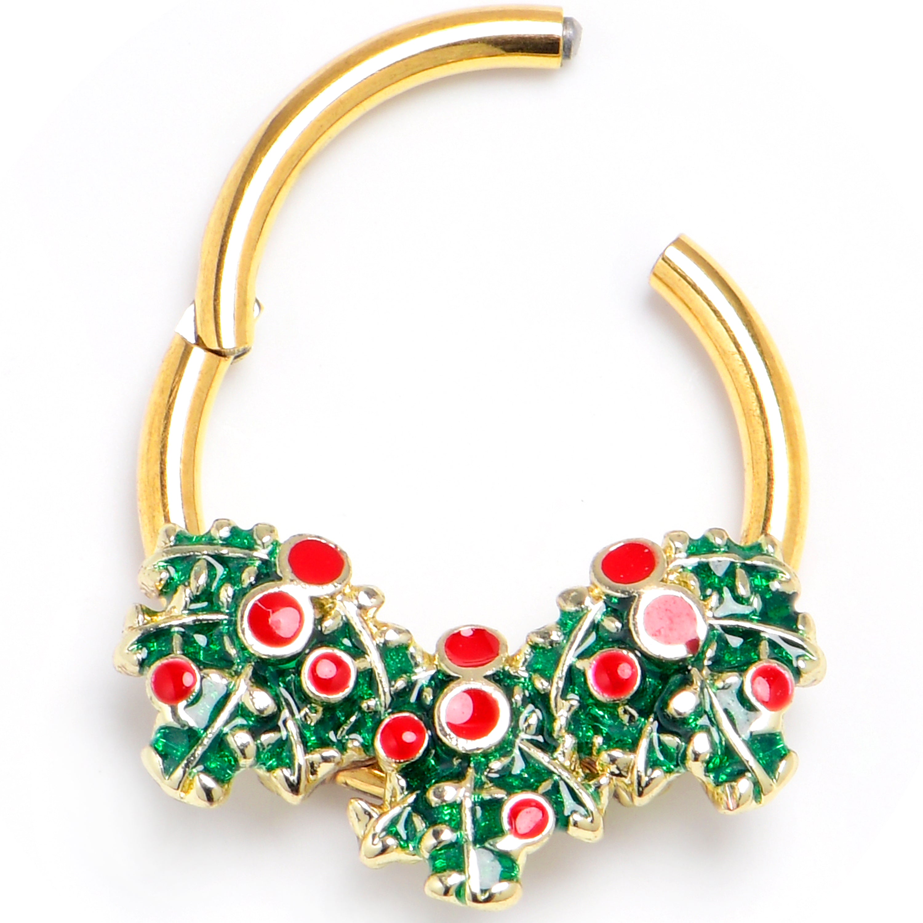 16G 3/8 Gold Tone Festive Holly Sprigs Hinged Segment Ring