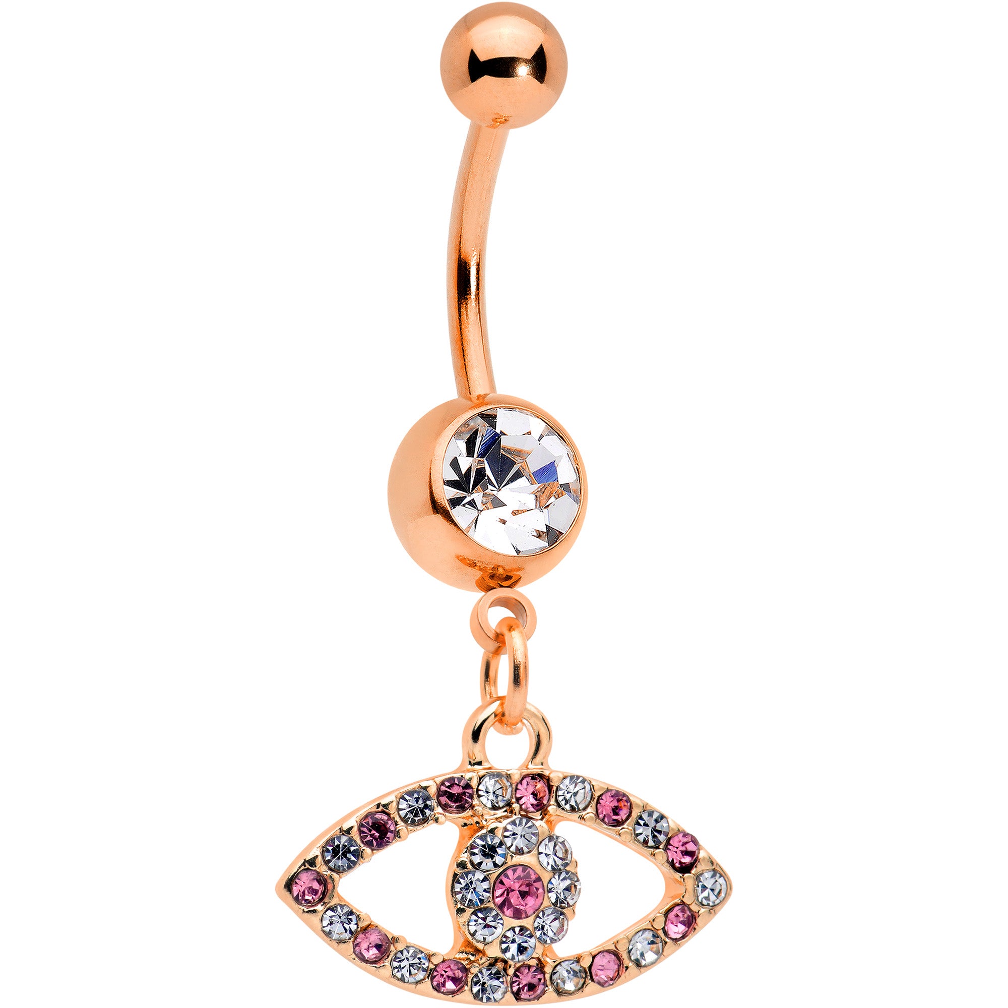 Pink Clear Gem Rose Gold Tone Wide Eye Dangle Belly Ring
