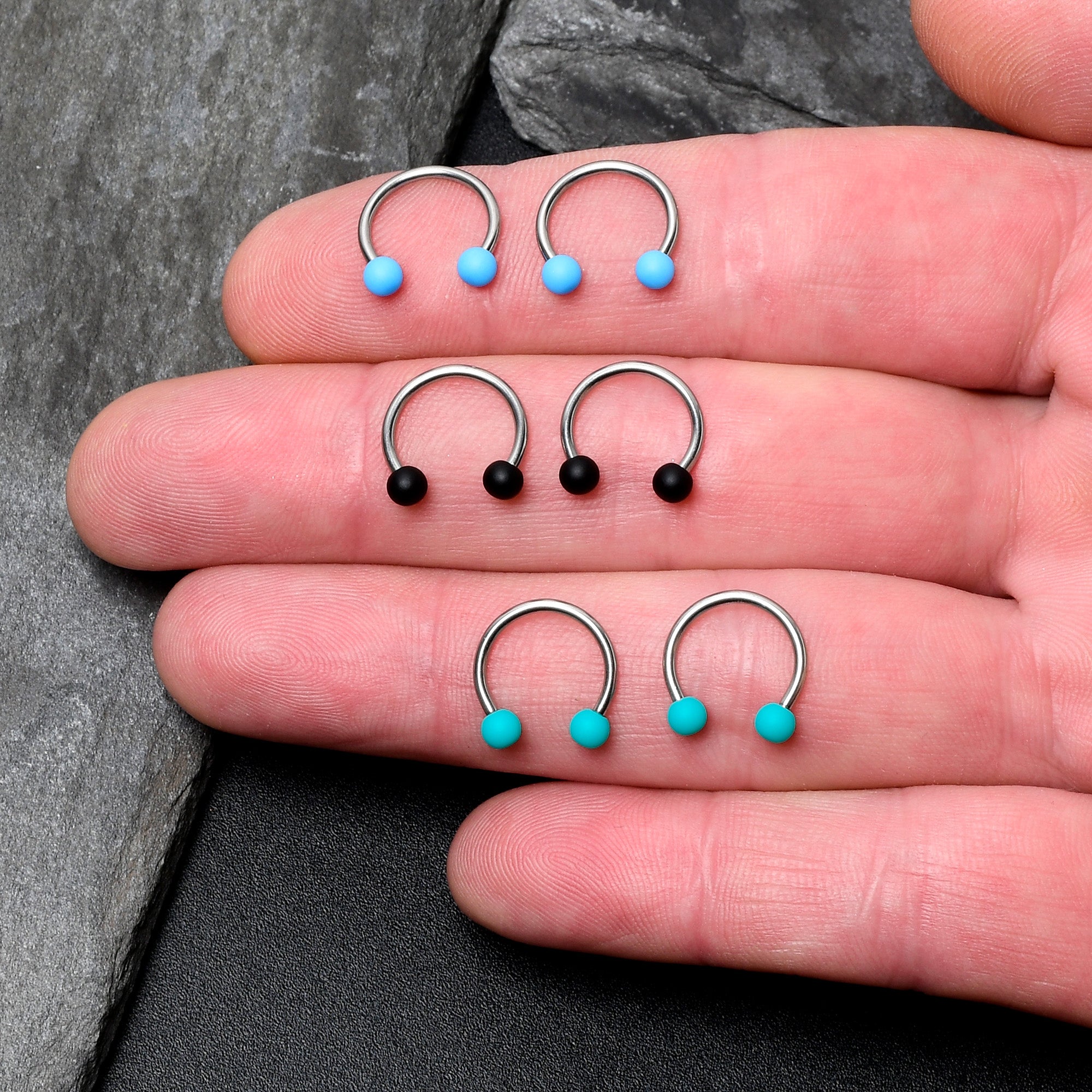 16G 3/8 Matte Black Blue Teal Horseshoe Circular Barbell Set of 6