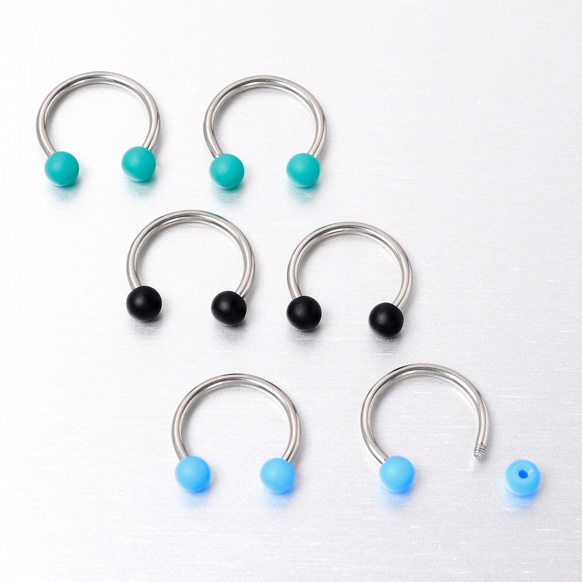 16G 3/8 Matte Black Blue Teal Horseshoe Circular Barbell Set of 6